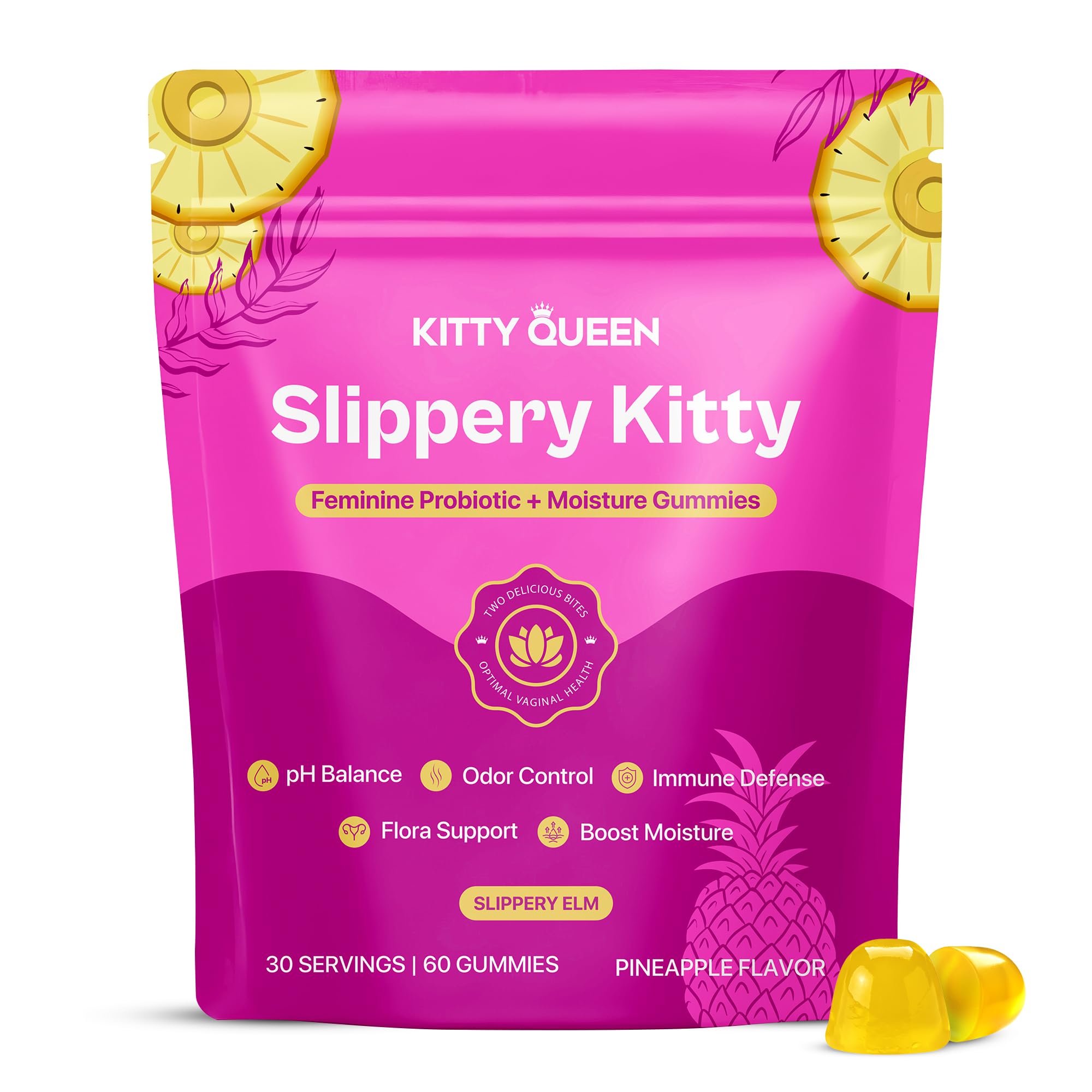 KITTYQUEEN Slippery Kitty gominolas piña, empaque frontal para equilibrio diario.