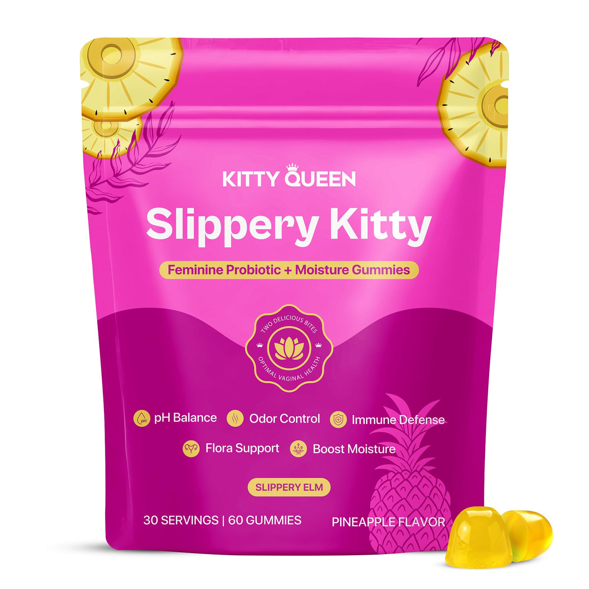 KITTYQUEEN Slippery Kitty gominolas piña, empaque frontal para equilibrio diario.