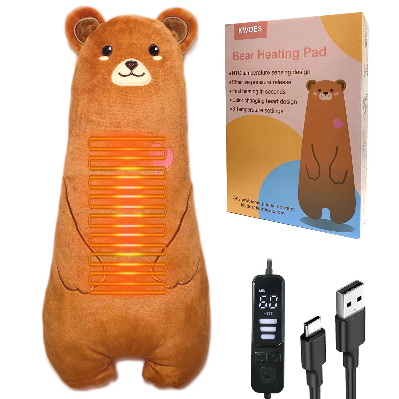Kivdes oso eléctrico visto de frente, calor focal para aliviar molestias.