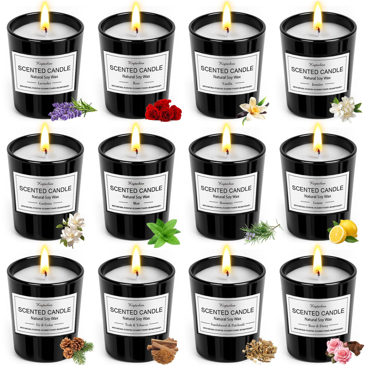 KIYTARBOO juego 12 velas fragancias fruta y flor para un ambiente agradable.