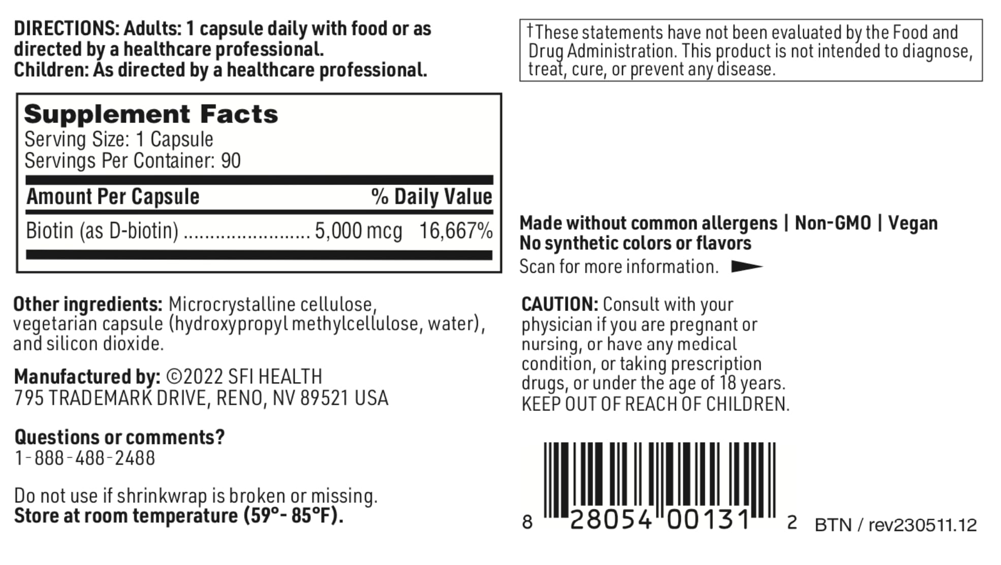 Klaire Labs Biotina 5000mcg sin maíz para dietas especiales.