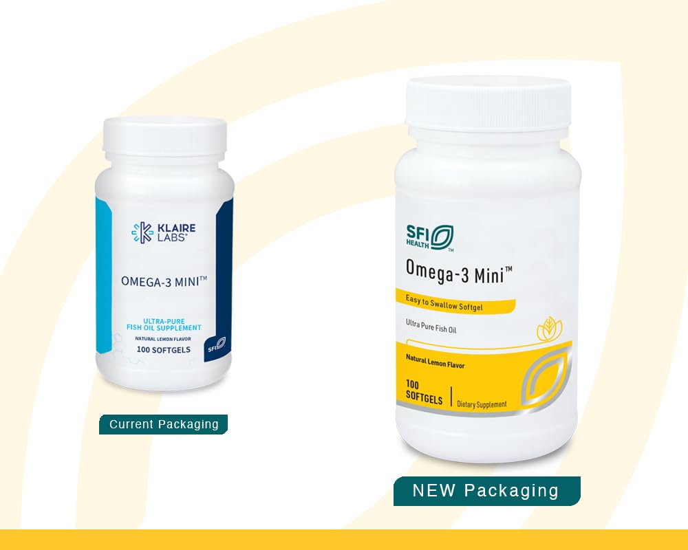 Etiqueta de Klaire Labs Omega-3 Mini con información de pureza y potencia.