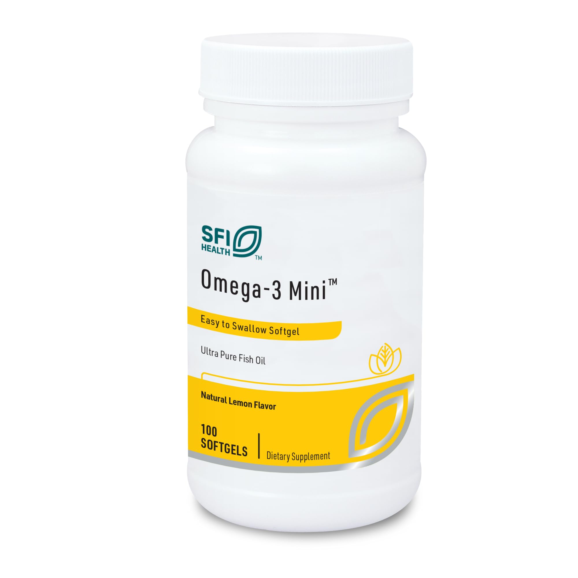 Klaire Labs Omega-3 Mini frente a la botella, cápsulas pequeñas para facilitar la toma.