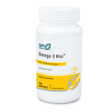 Klaire Labs Omega-3 Mini frente a la botella, cápsulas pequeñas para facilitar la toma.