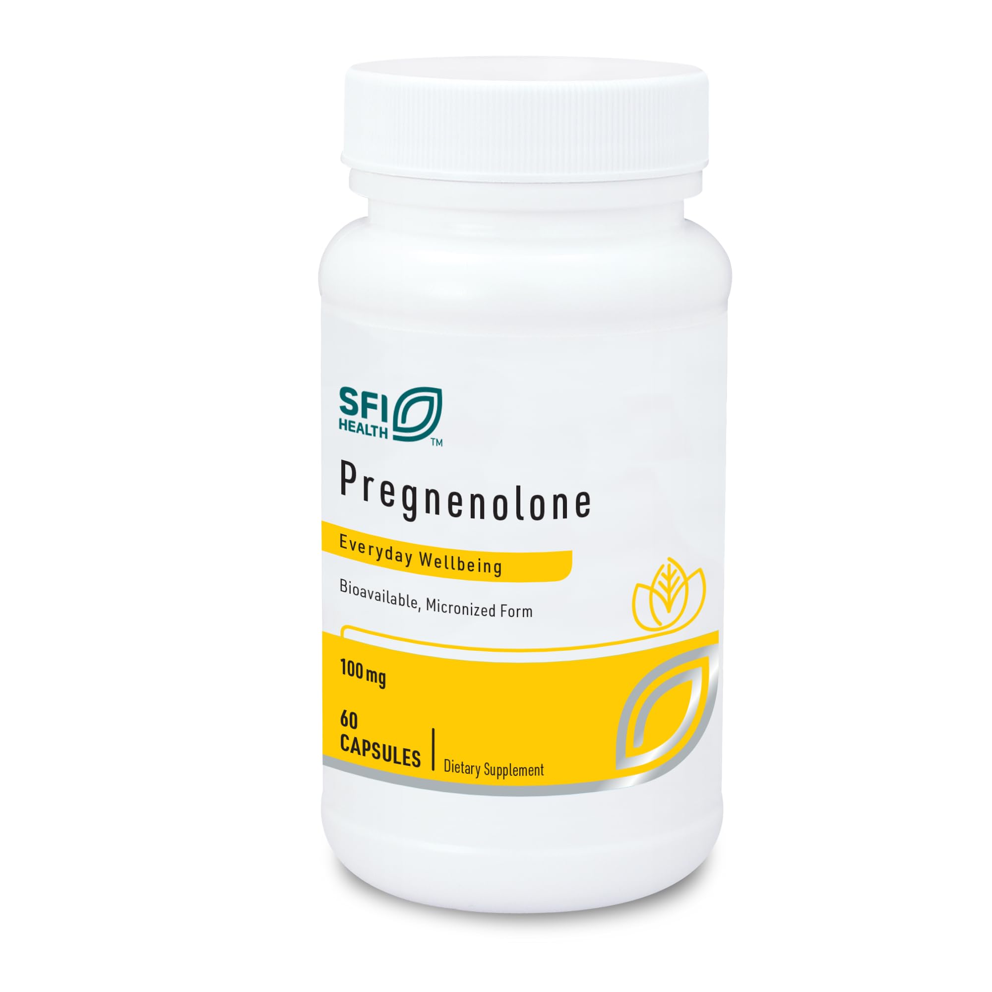 Klaire Labs Pregnenolona de SFI Health, bote frontal, posible apoyo a la energía diaria.