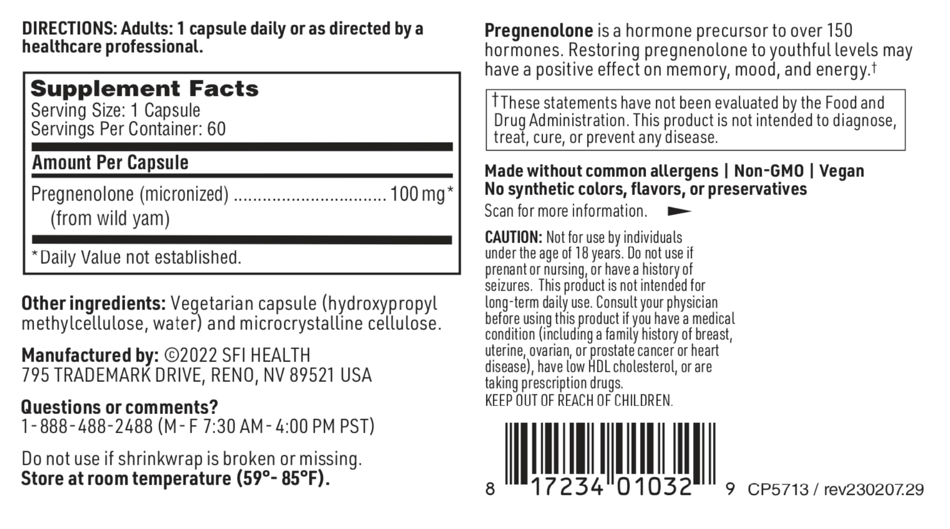 Klaire Labs Pregnenolona, sin colorantes ni conservantes artificiales.