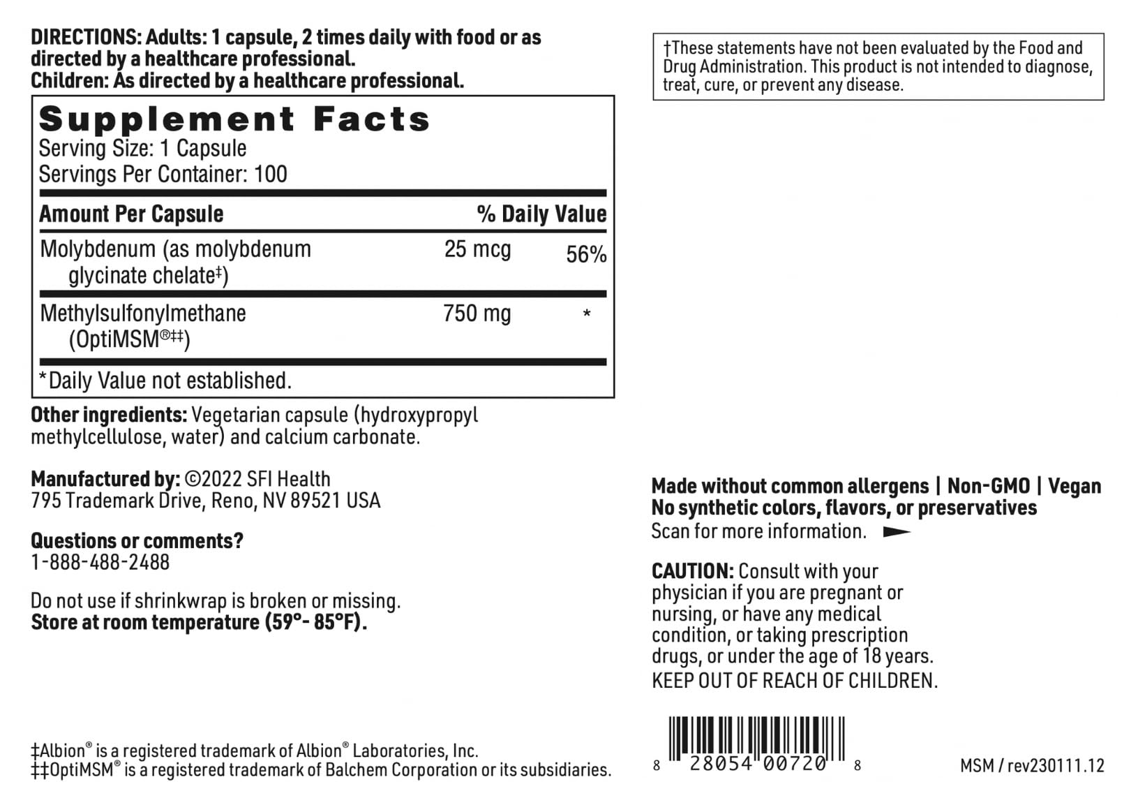 Klaire Labs SFI Health MSM 750 dosis diaria: 750 mg por cápsula