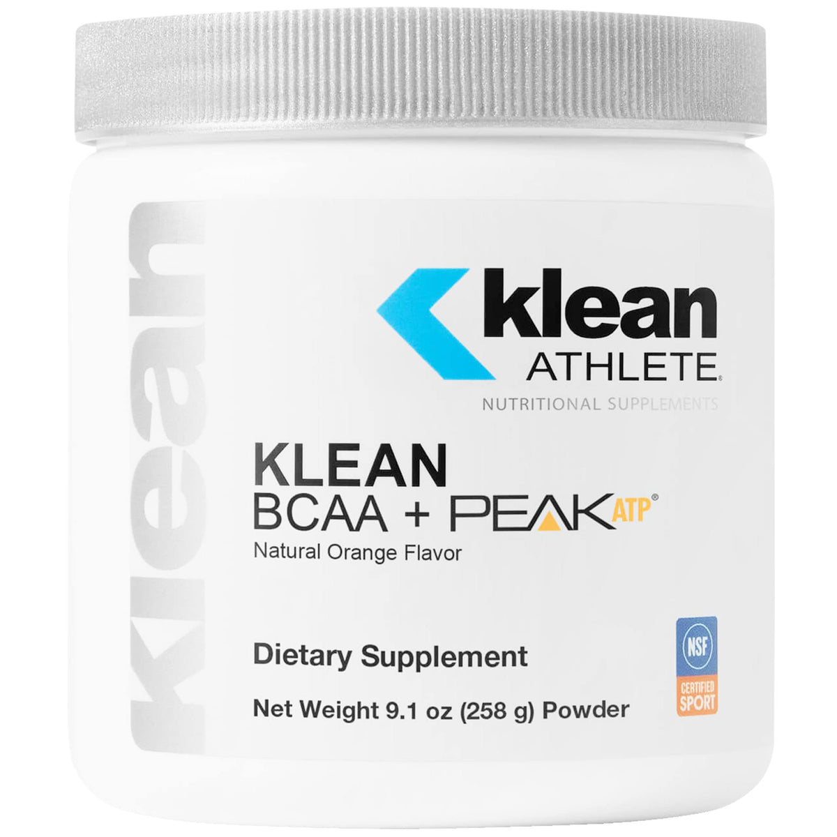 Klean Athlete BCAA Peak ATP, envase frontal, foco en claridad para entrenar con fuerza