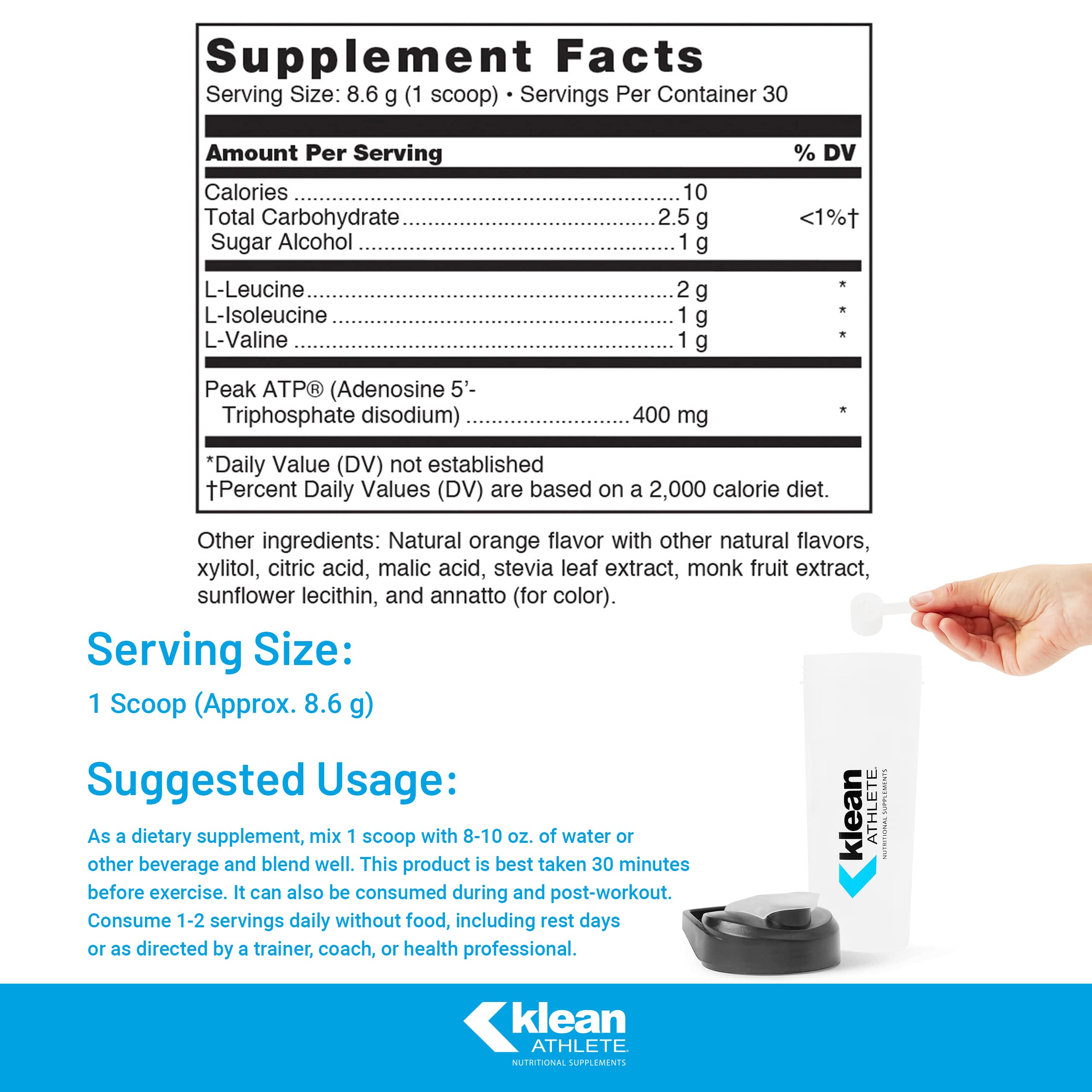 Klean Athlete BCAA Peak ATP, envase lateral, diseño práctico para atletas ocupados