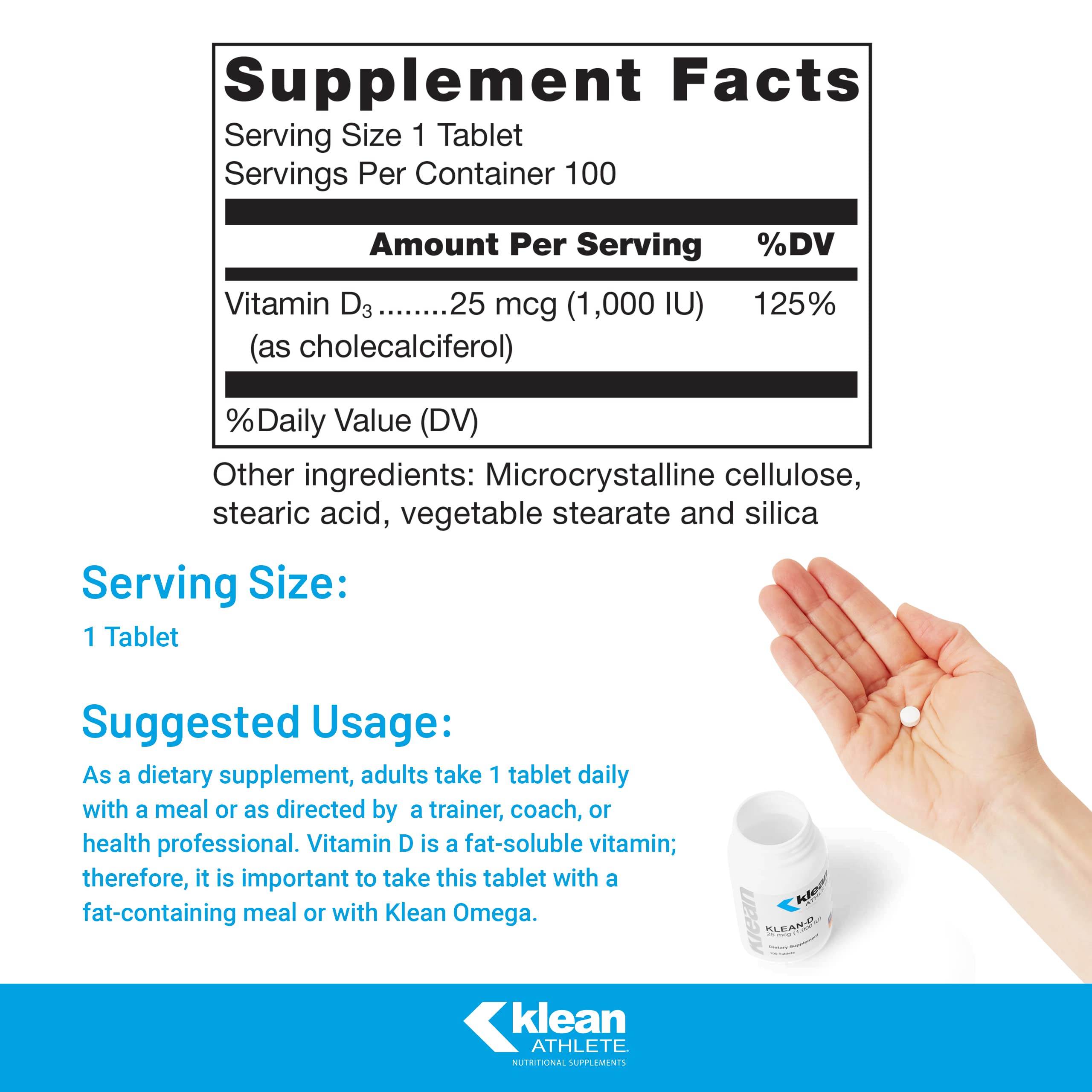 Tabletas de Klean-D 25 mcg muestran dosis diaria para soporte.
