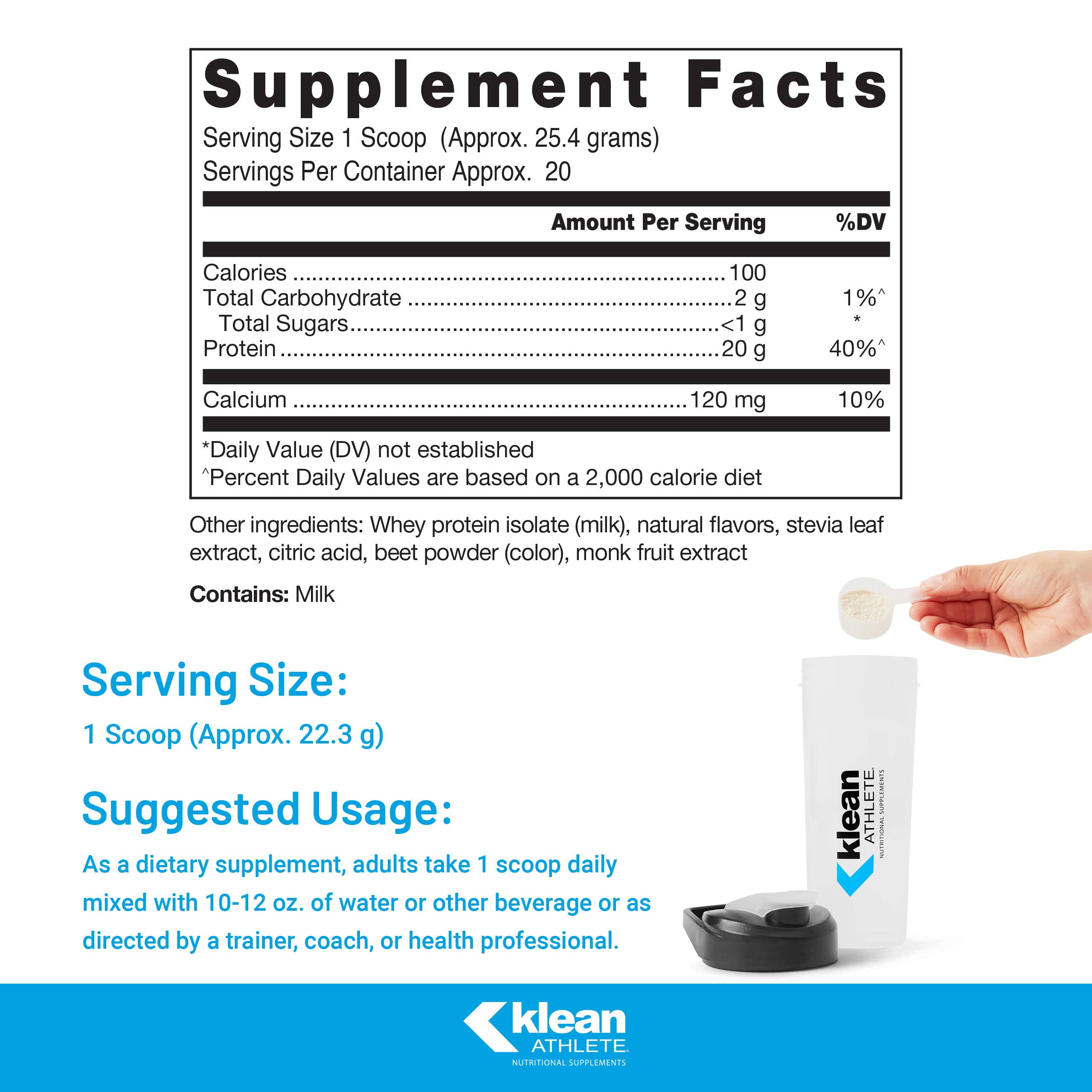 Klean Athlete Klean Isolate polvo fresa natural en vaso, proteína rápida