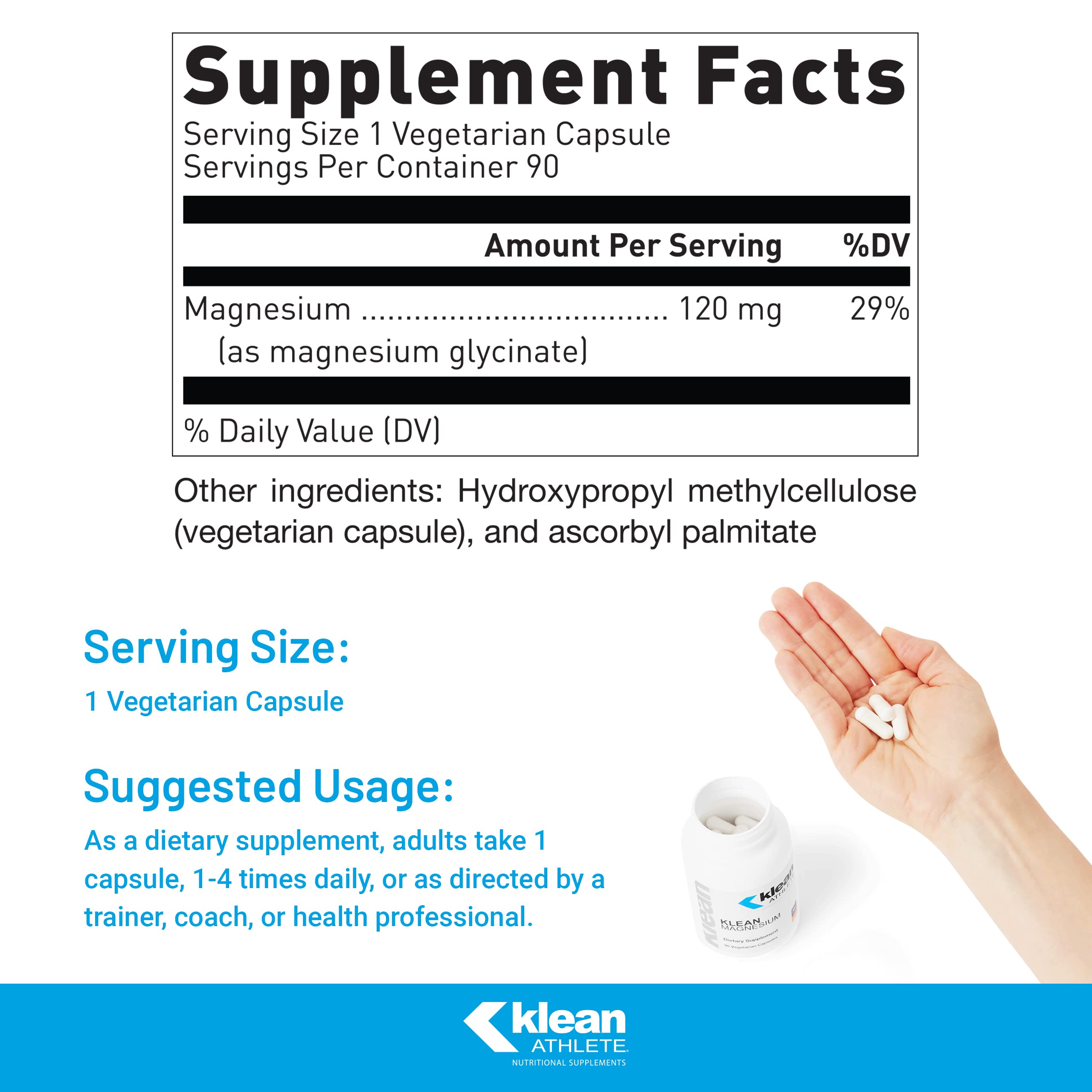 Klean Athlete Klean Magnesium, cápsulas visibles, ayudan a contracción y relajación muscular