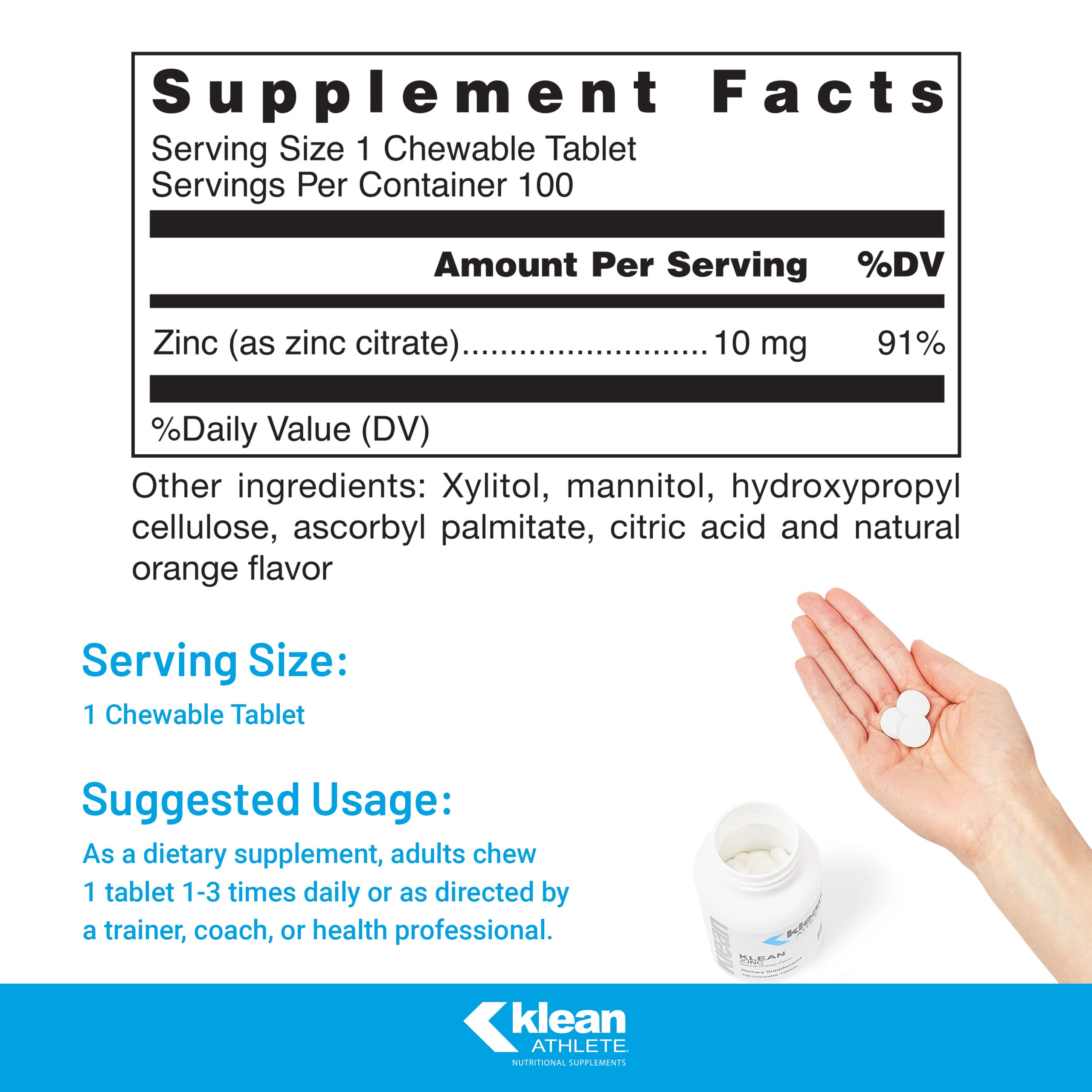 Klean Athlete Klean Zinc, tabletas sabor naranja para masticar en cualquier momento.