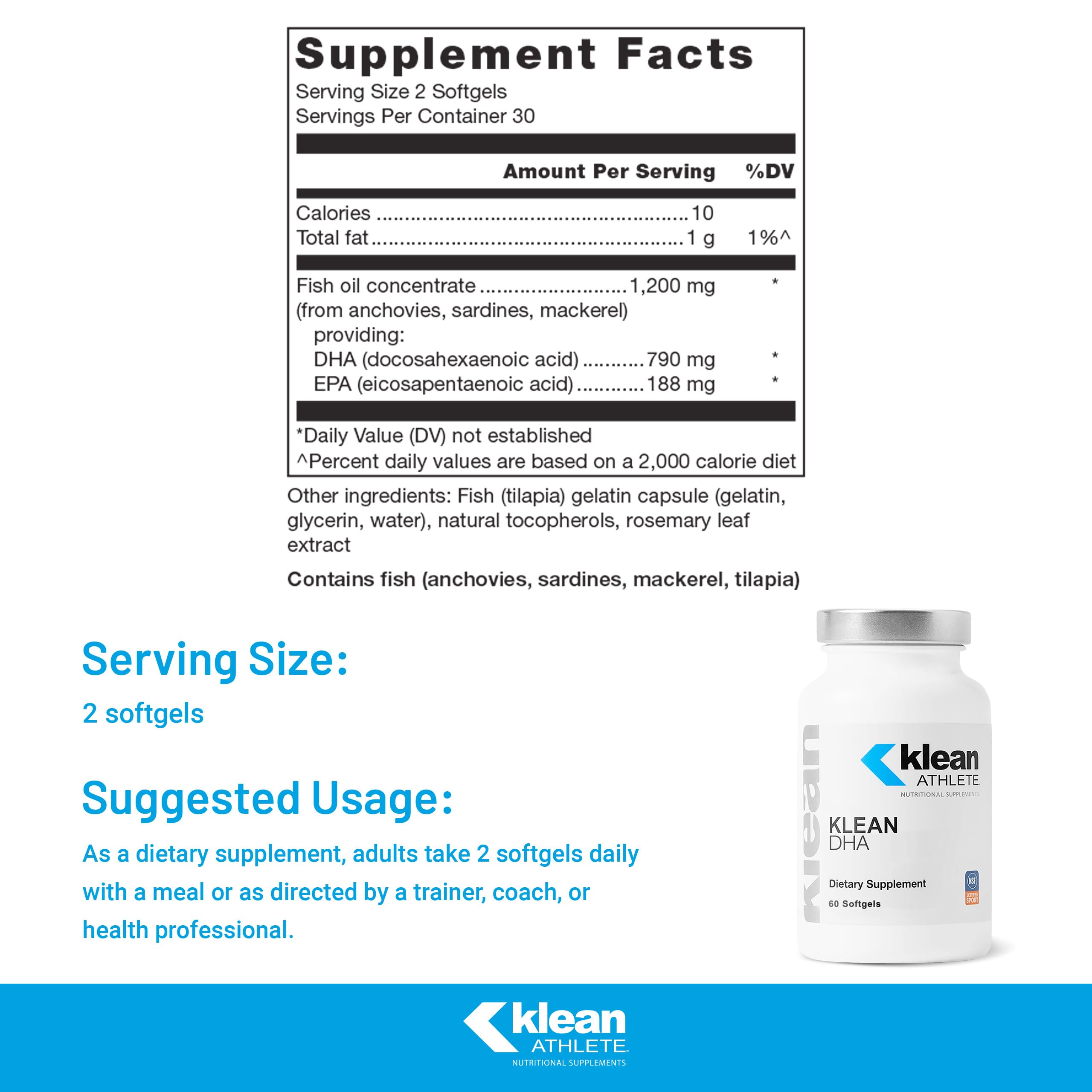 Etiqueta clara de Klean DHA con información de dosis y Omega-3.