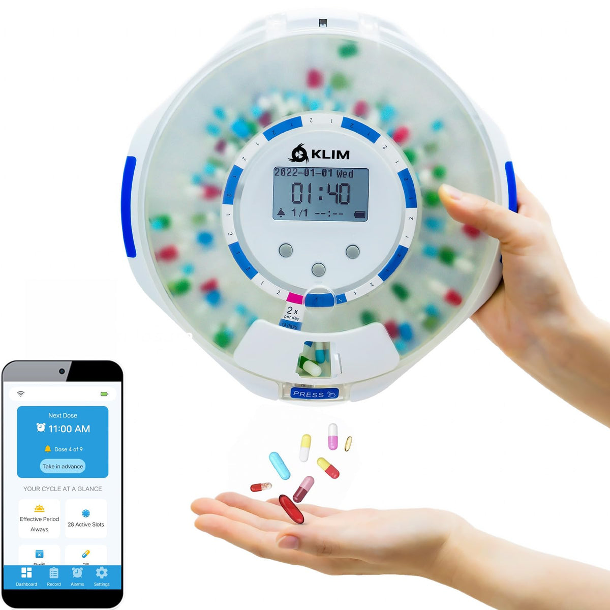 KLIM Dispensador de pastillas con alarma: interfaz de la app para recordatorios claros