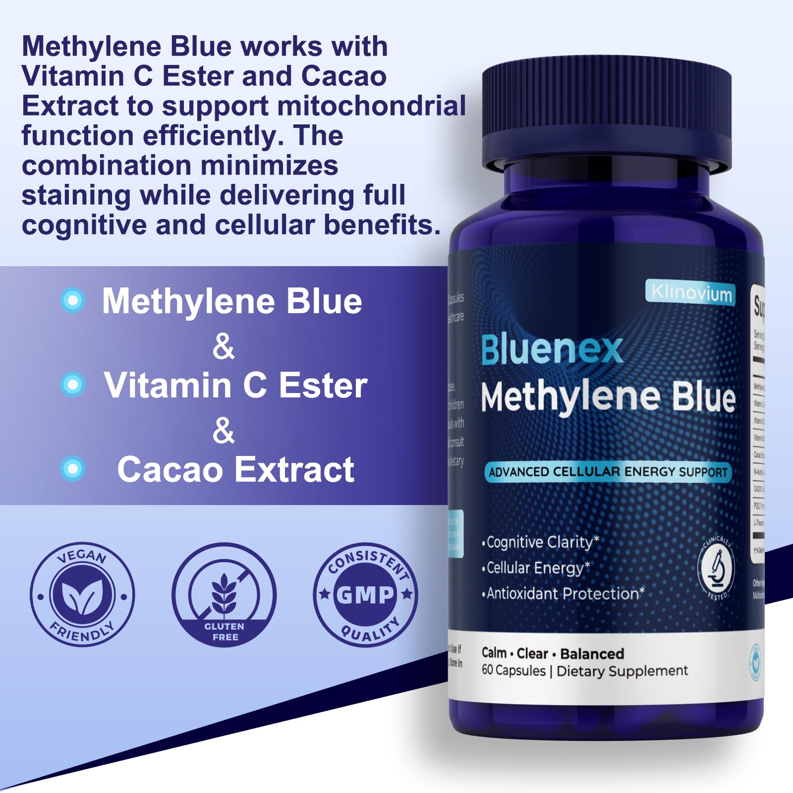 Etiqueta Klinovium Azul de Metileno con ingredientes clave para claridad