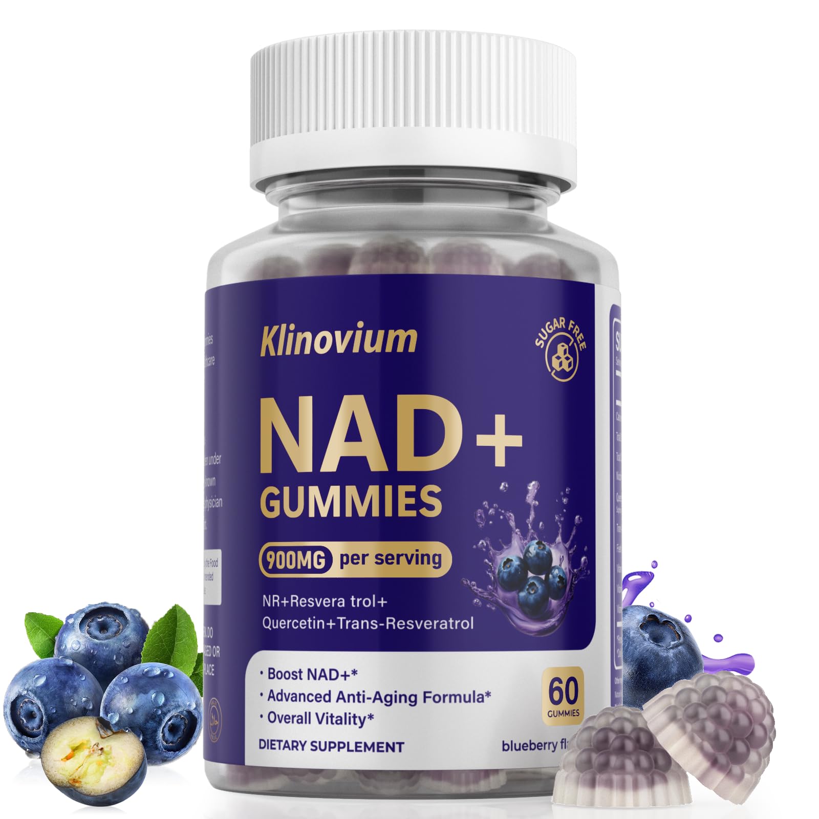 Klinovium NAD Gummies, frasco de 60 gomitas, ingesta diaria conveniente para energía.