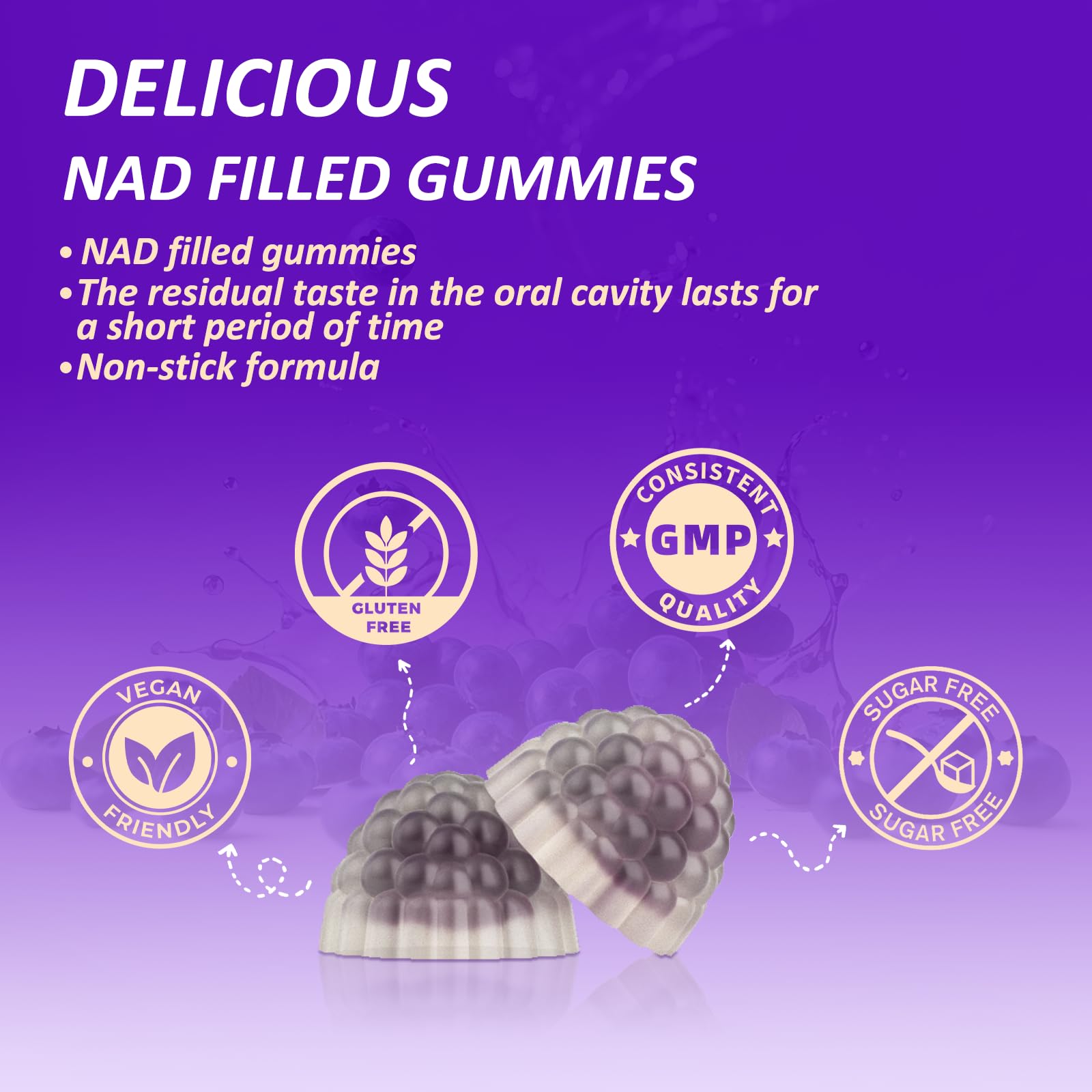 Klinovium NAD Gummies ingredientes naturales, apto vegano y sin organismos genéticamente modificados.
