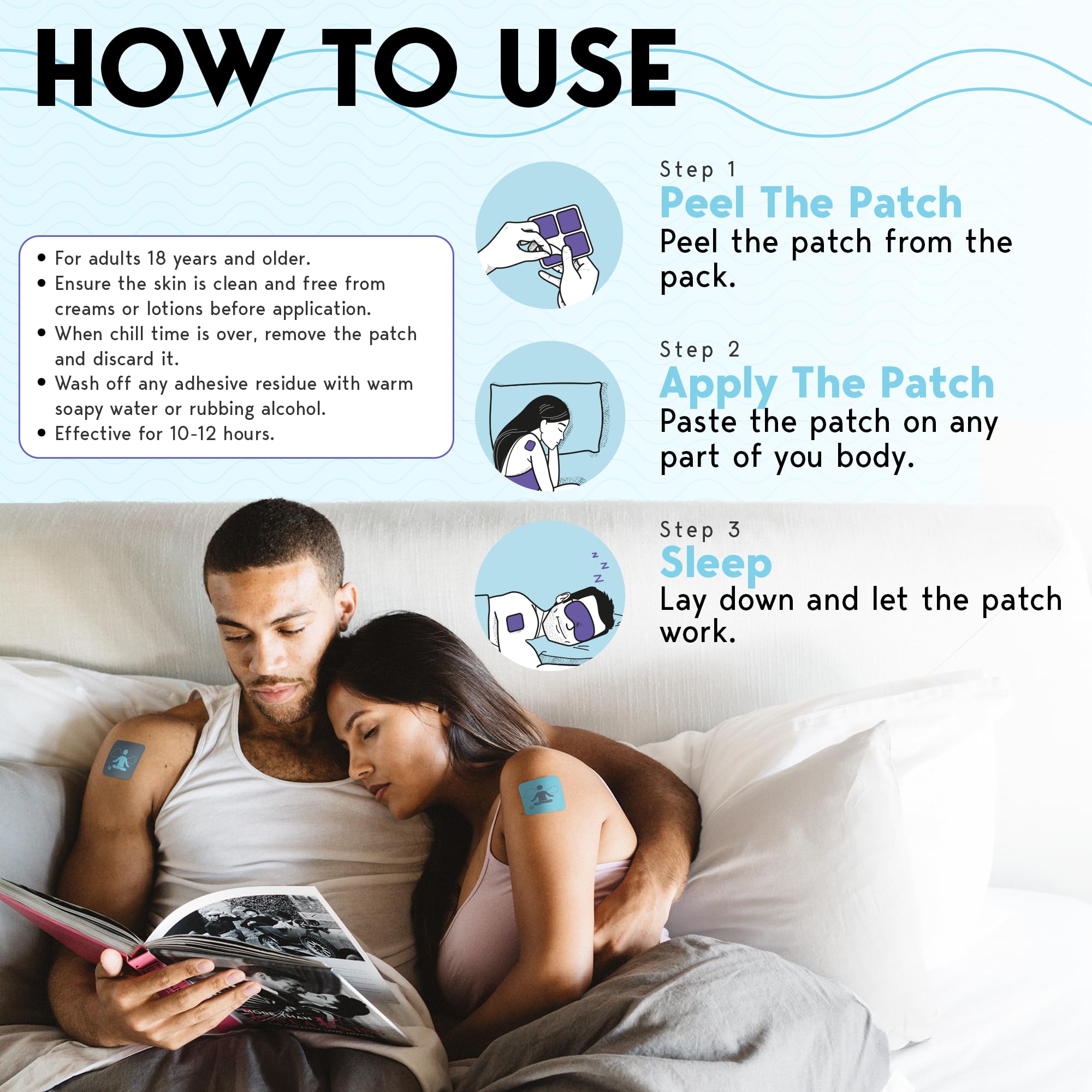 Aplicación del parche Klova Sueño en la mano para dormir mejor.