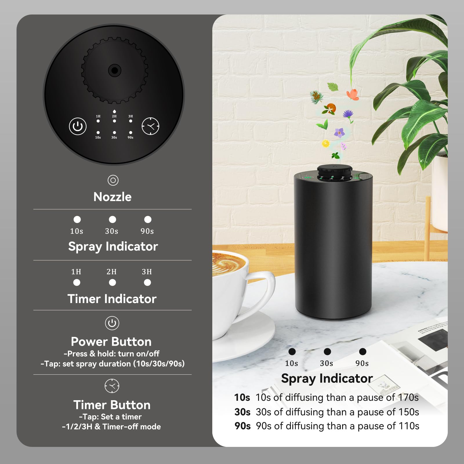 KONCHILE: difusor de aluminio negro compacto para espacios pequeños.