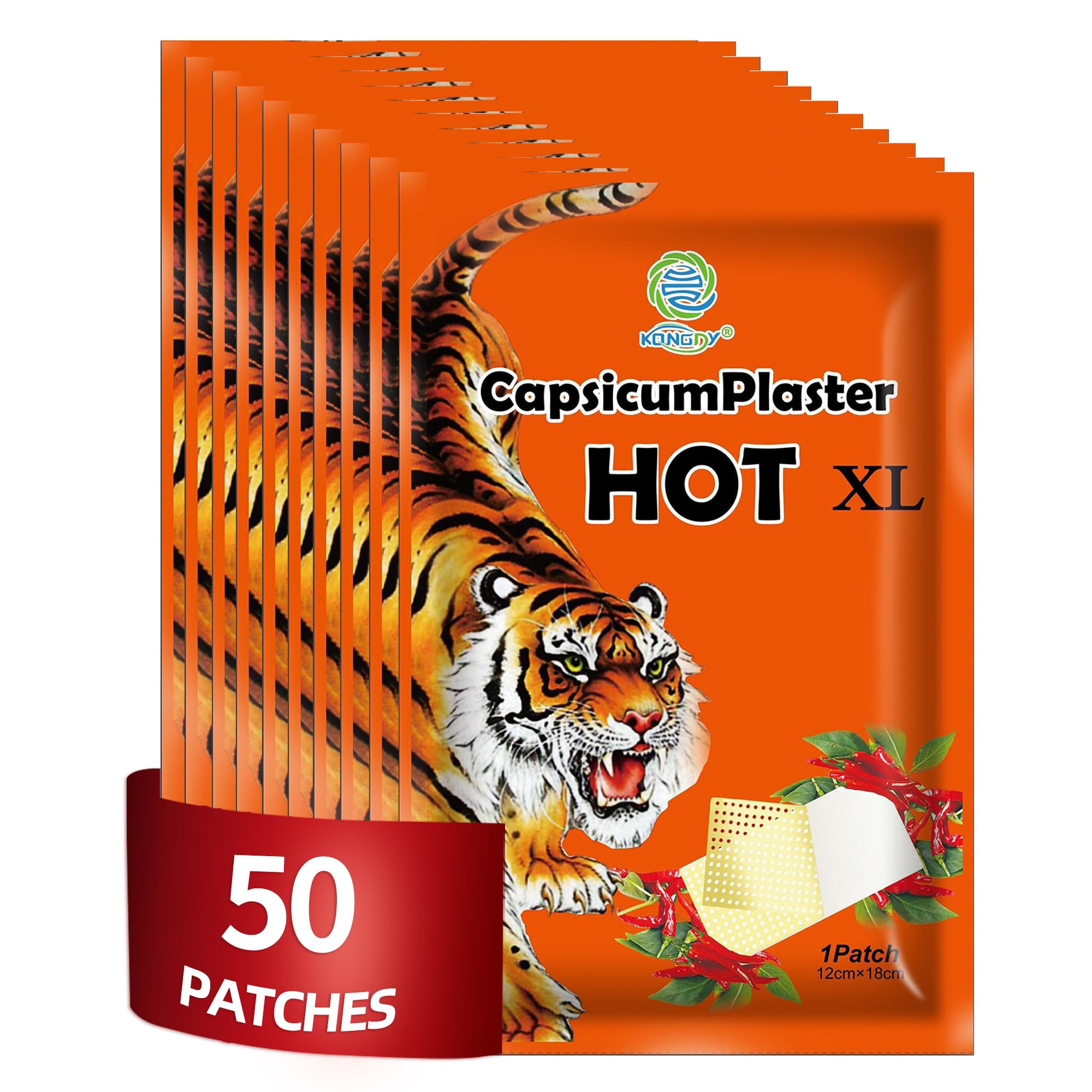 Parche KONGDY de capsaicina caliente aplicado en la espalda, sensación cálida suave.