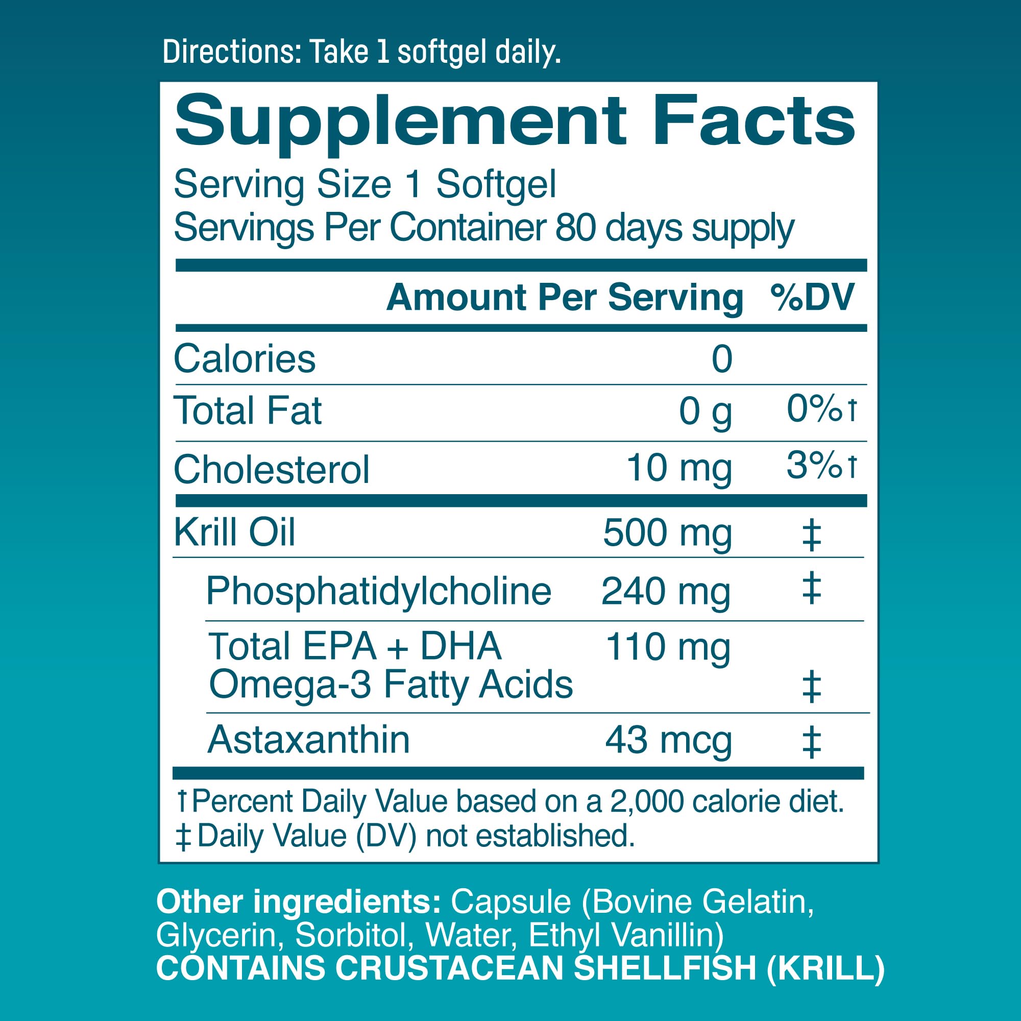 Kori Krill Excel: etiqueta legible con información clara sobre ingredientes y valor diario