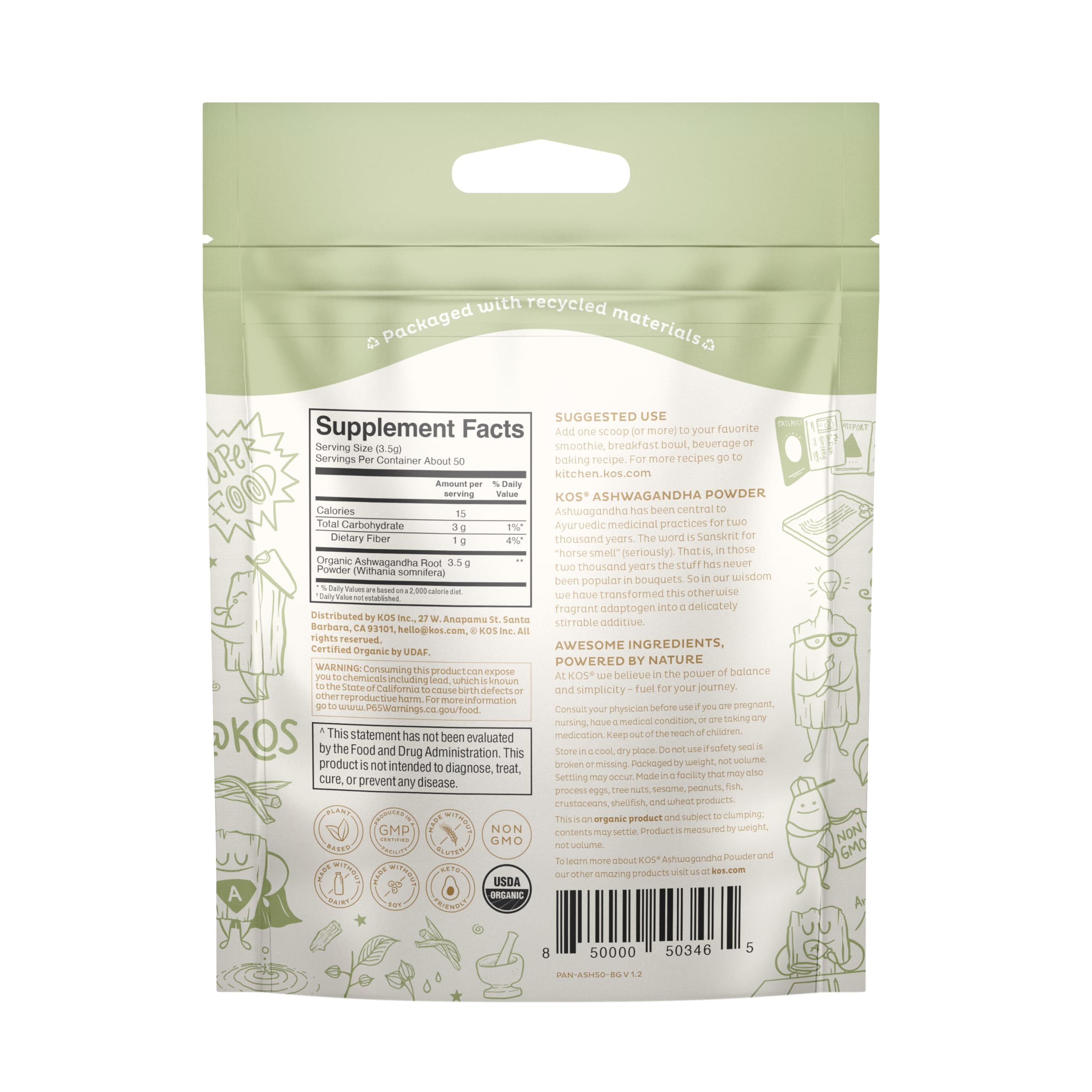 KOS Ashwagandha Orgánica, cucharada de polvo lista para mezclar en bebidas.