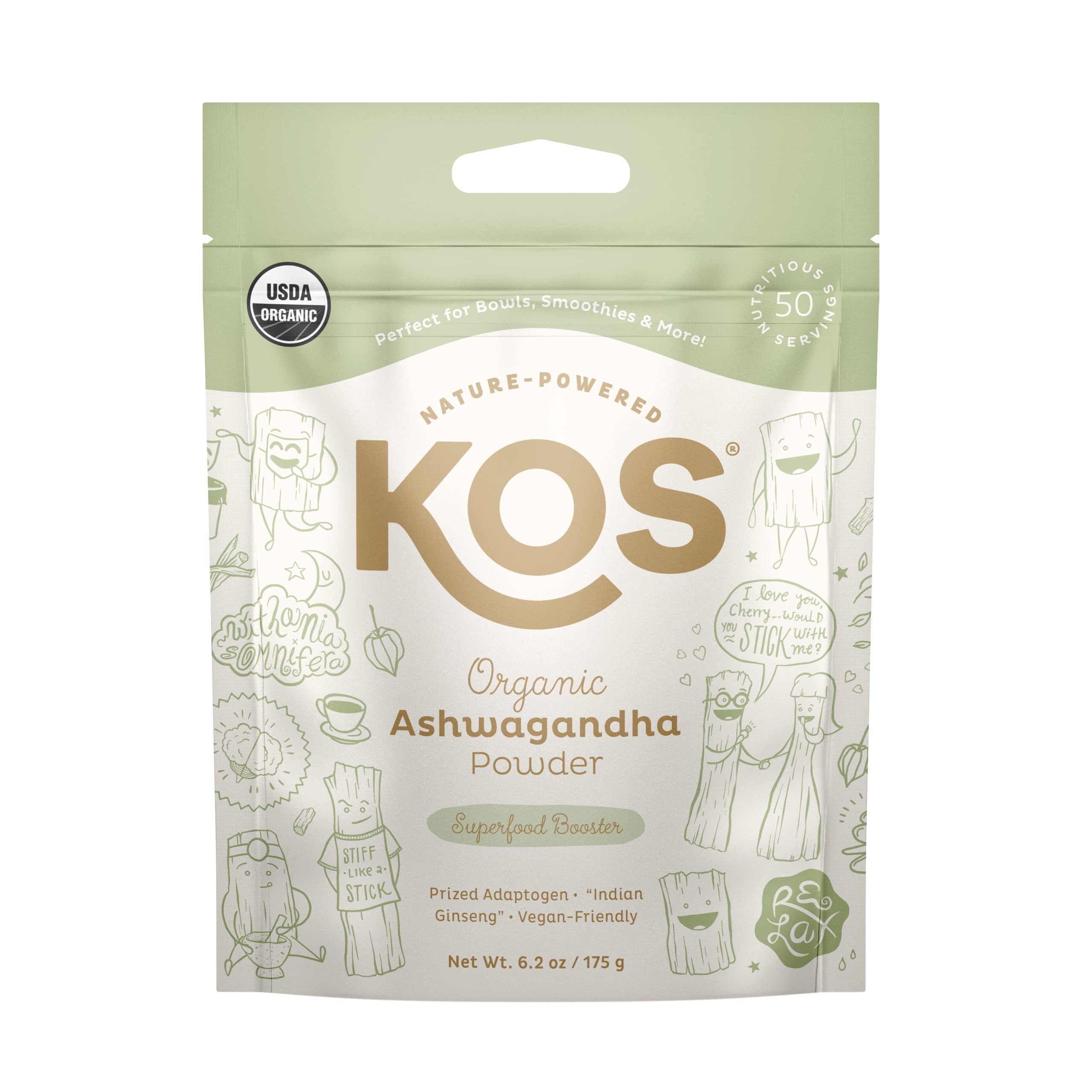 KOS Ashwagandha Orgánica en frasco, polvo fino ideal para batidos.