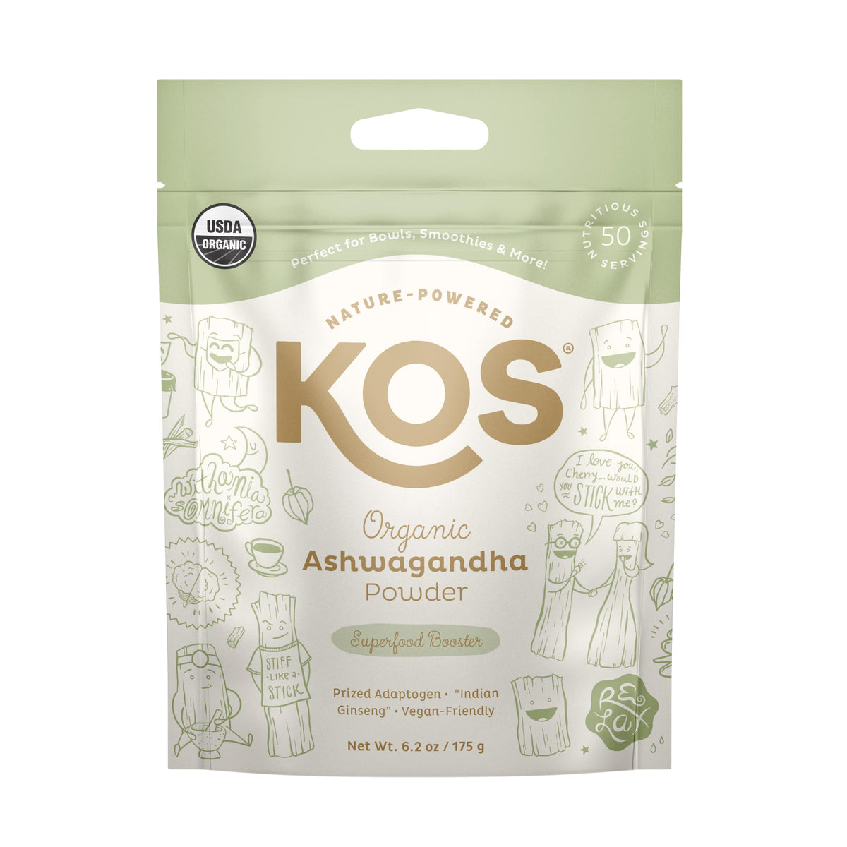 KOS Ashwagandha Orgánica en frasco, polvo fino ideal para batidos.