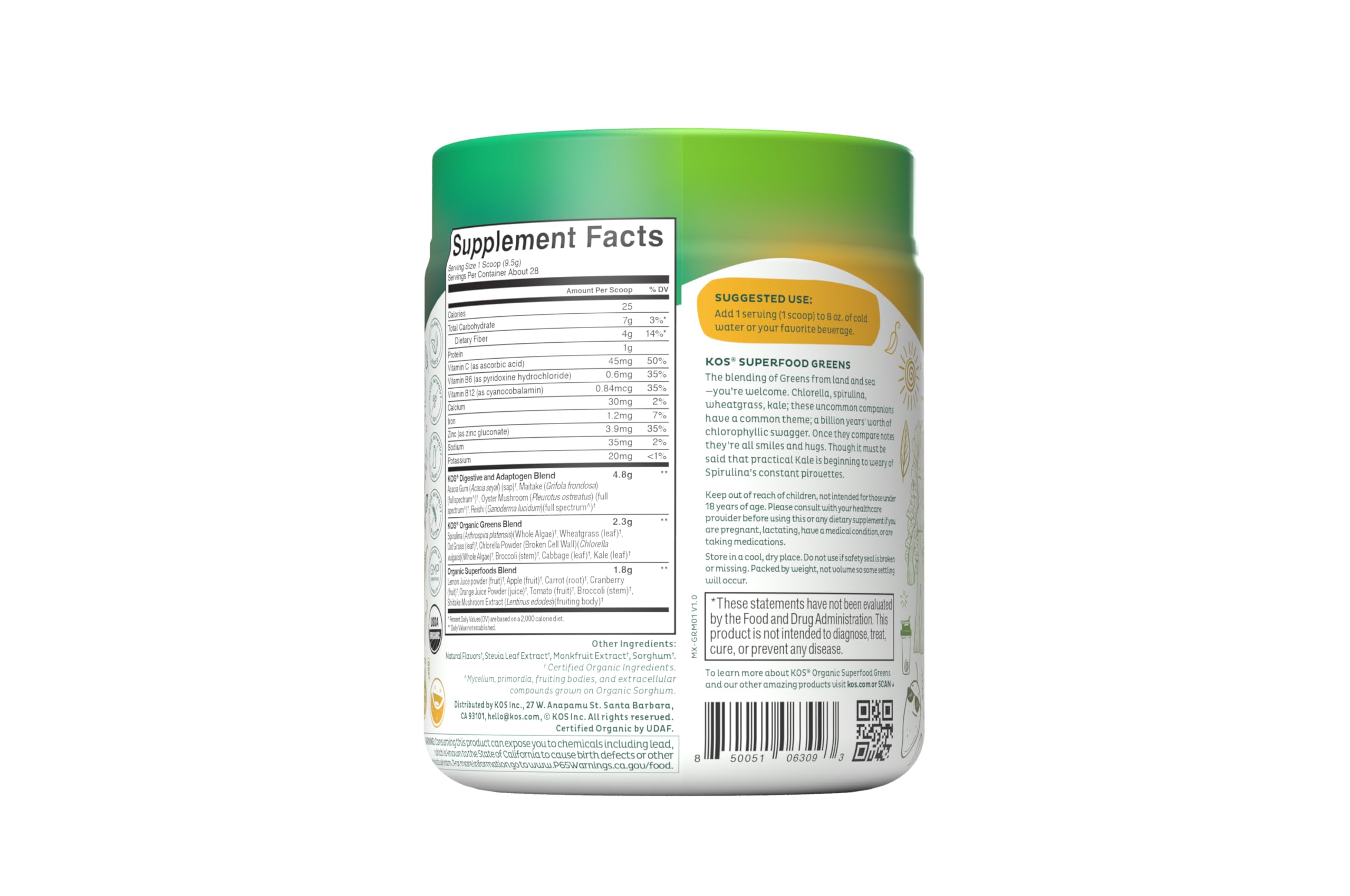 KOS Mango Greens empaque frontal, práctico para la rutina diaria