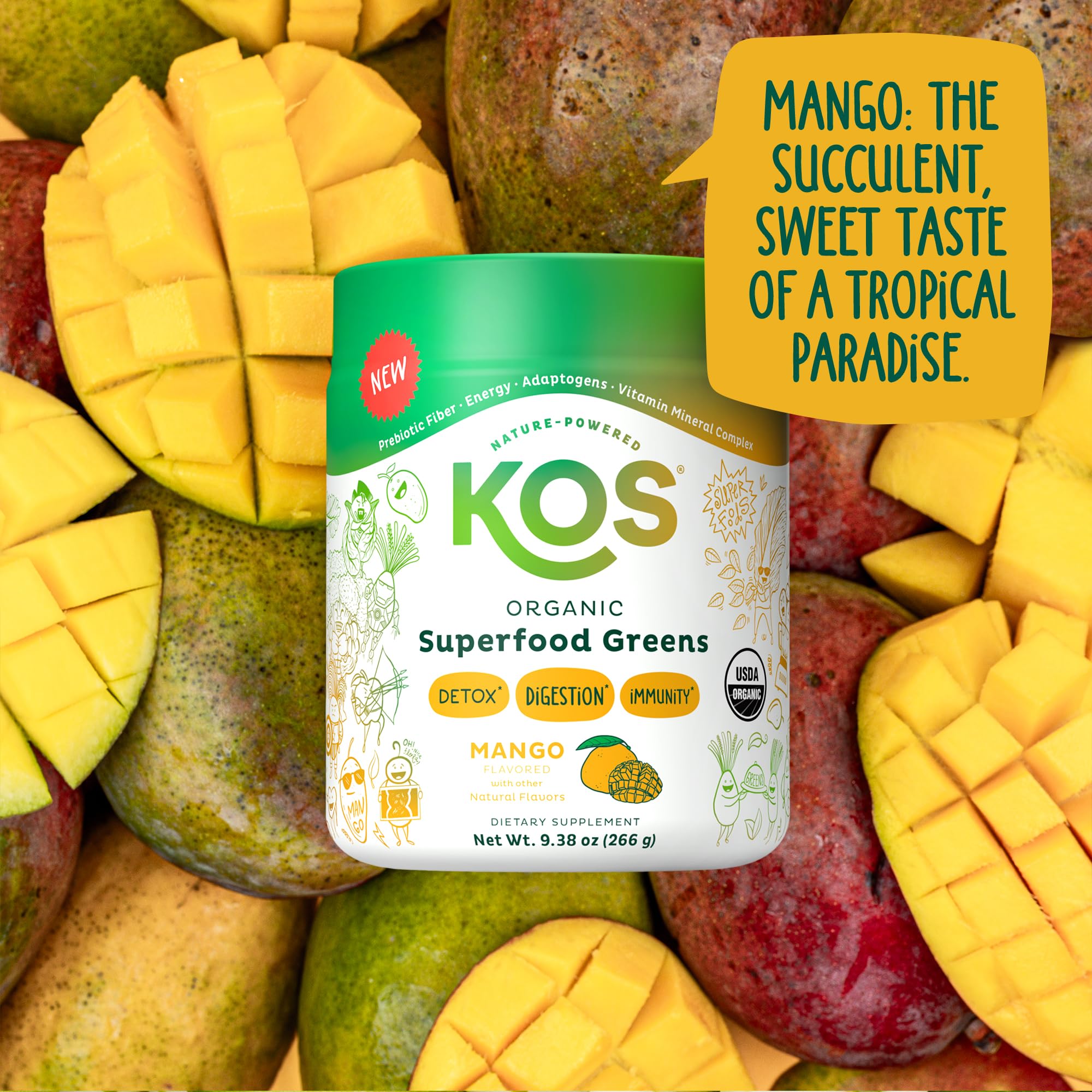 KOS Mango Greens 17 superfoods, fibra incluida para digestión