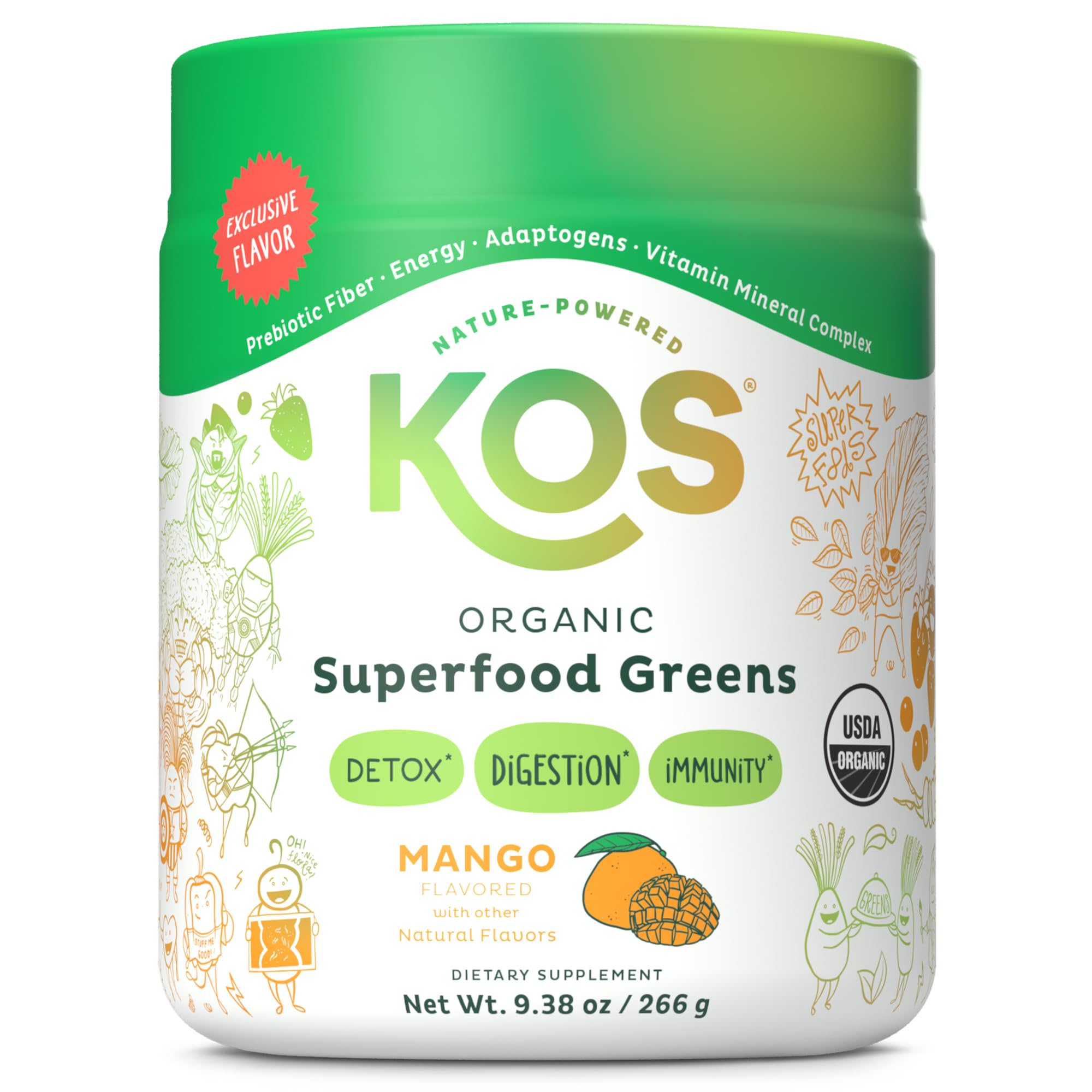 KOS Superfood Greens Mango en taza, bebida rápida para energía diaria