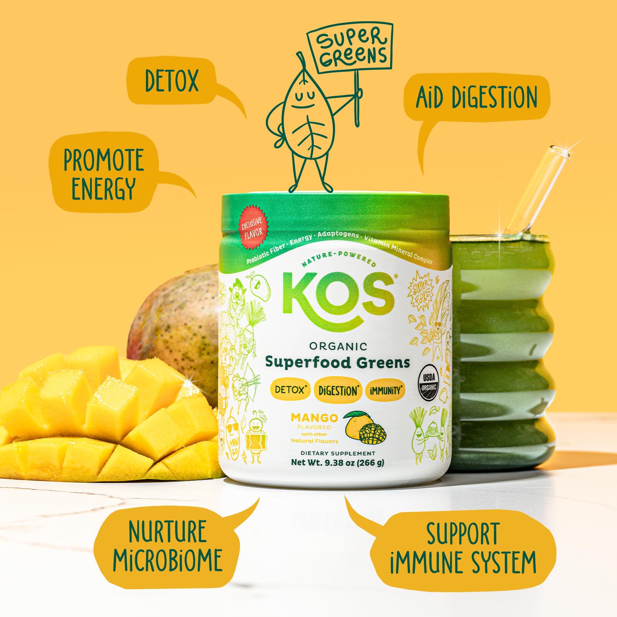 KOS Superfood Greens Mango en vaso con hielo, sabor refrescante para hidratación