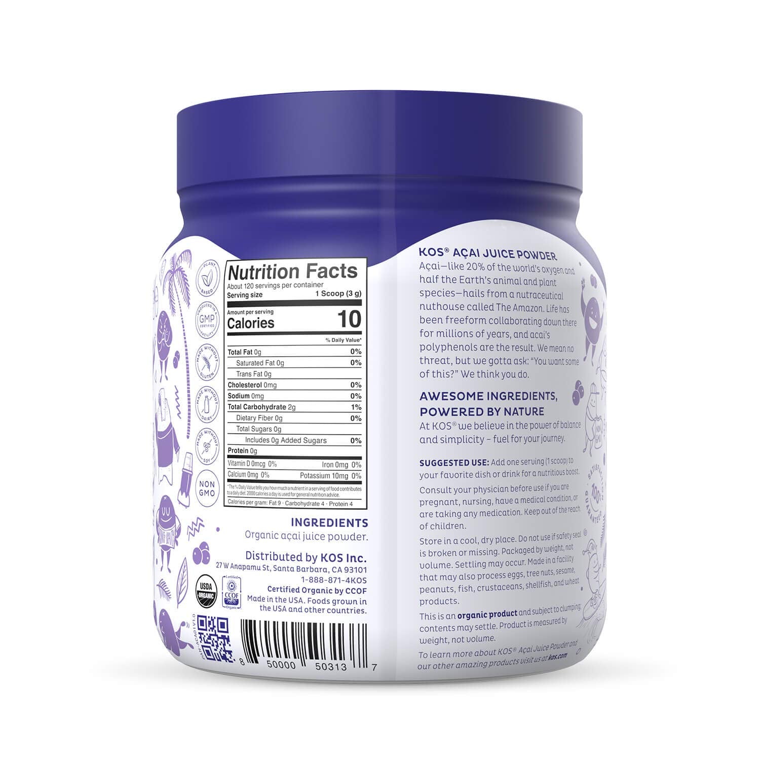 KOS Polvo de Açaí en bote cerrado, conserva frescura y aroma
