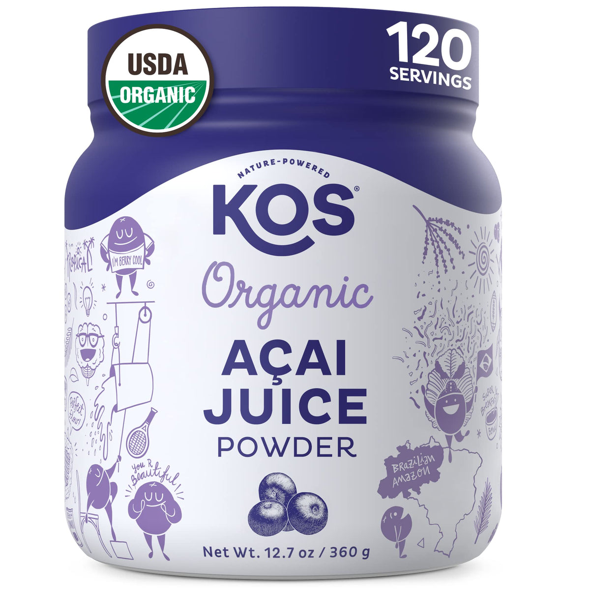 KOS Polvo de Açaí en empaque, antioxidantes para tus desayunos