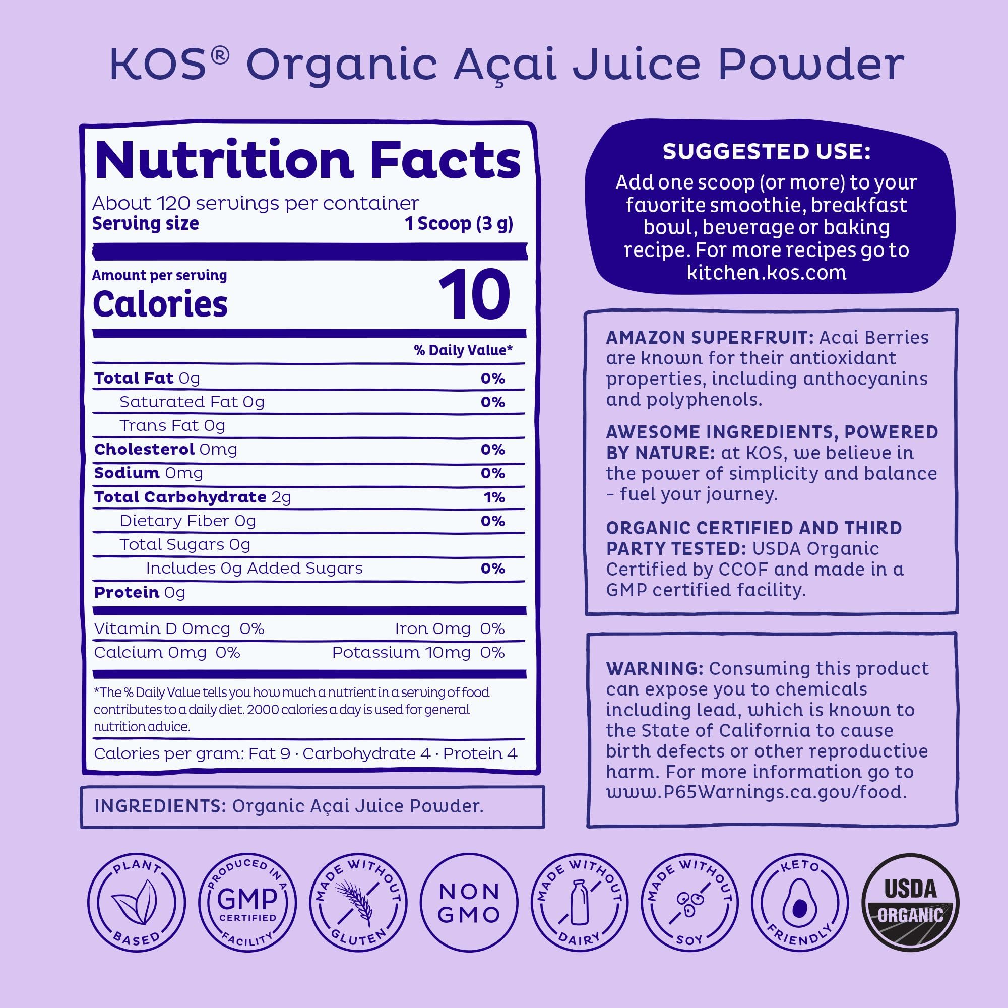 KOS Polvo de Açaí para smoothie, sabor afrutado y color vibrante