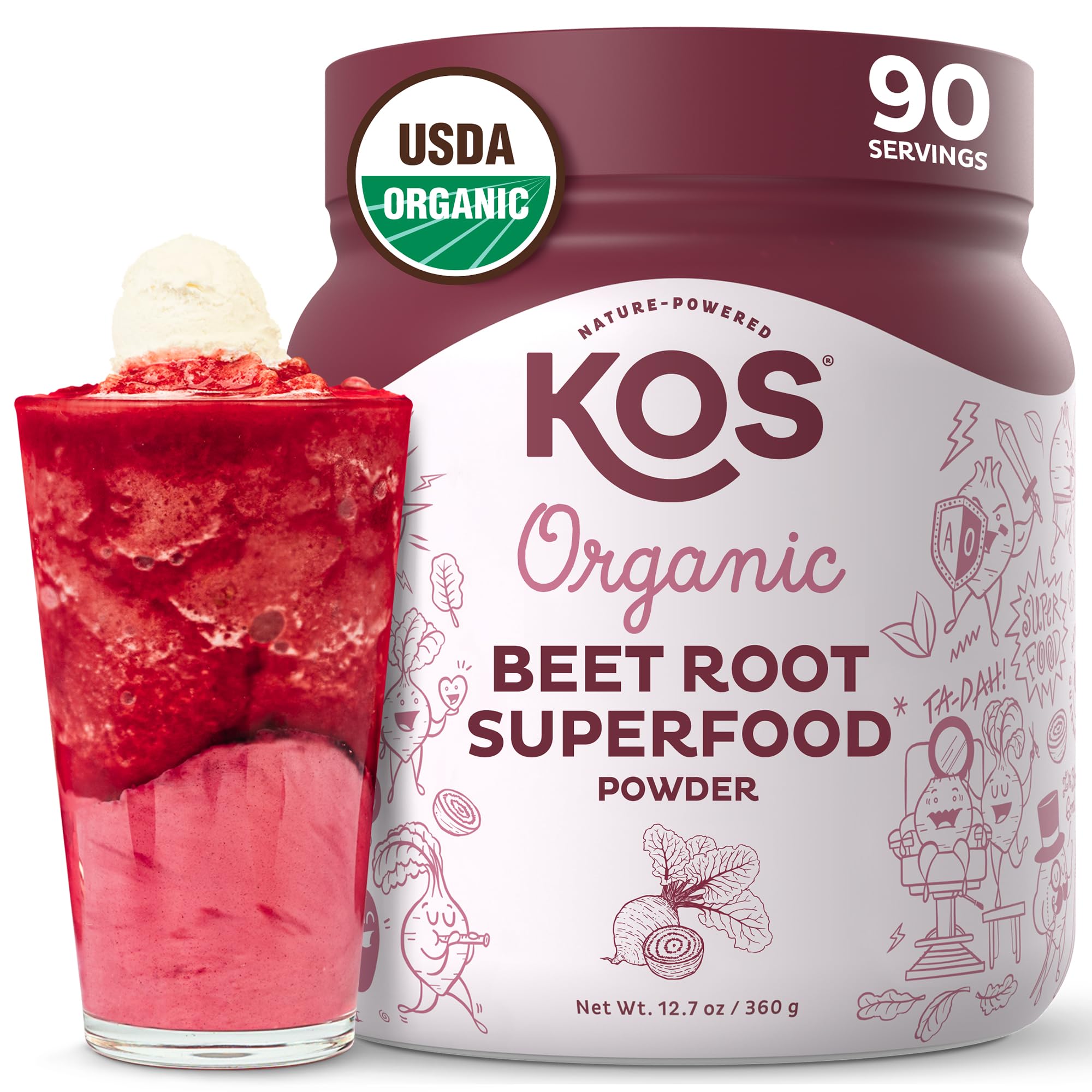 KOS Polvo de remolacha orgánico en botella, color natural para batidos energizantes.