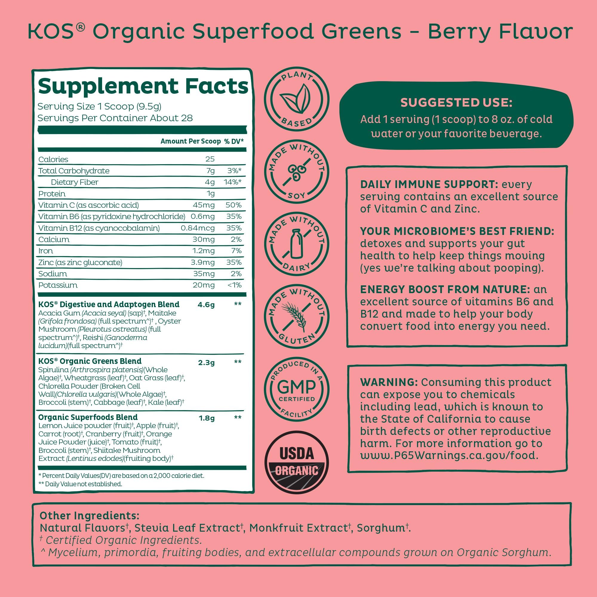 KOS Polvo Verdes: mezcla de 17 ingredientes nutritivos.