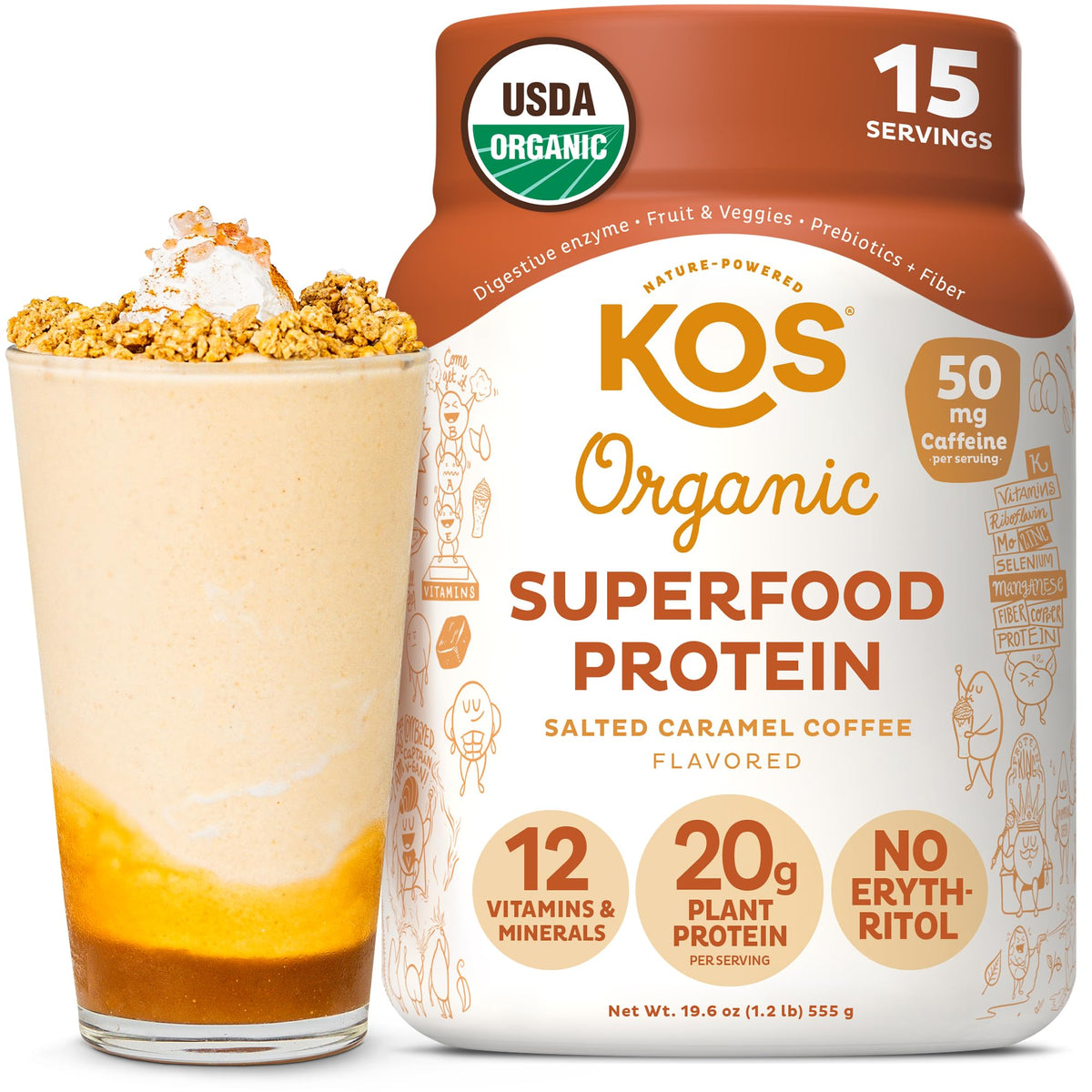 KOS Proteína Vegana: polvo Café Caramelo Salado, vertido perfecto para batidos
