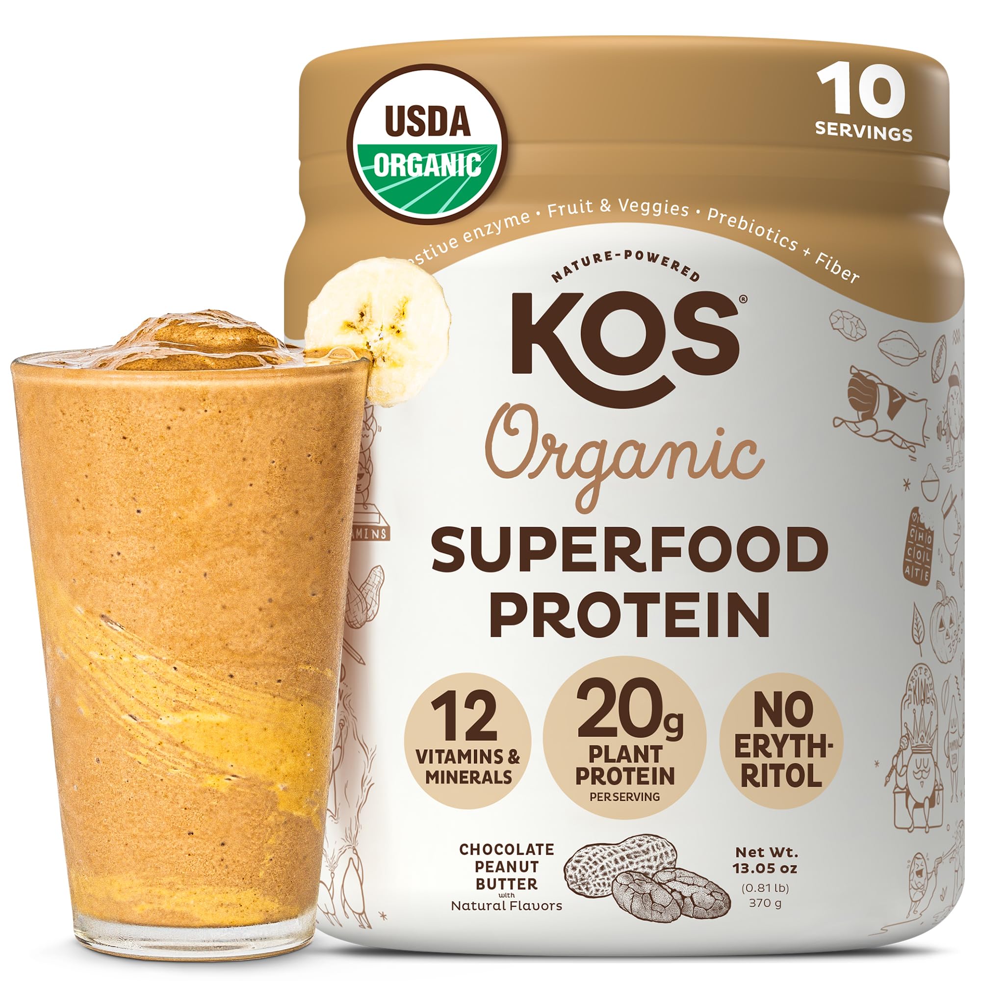 KOS proteina vegana chocolate y maní, envase práctico para batidos diarios.