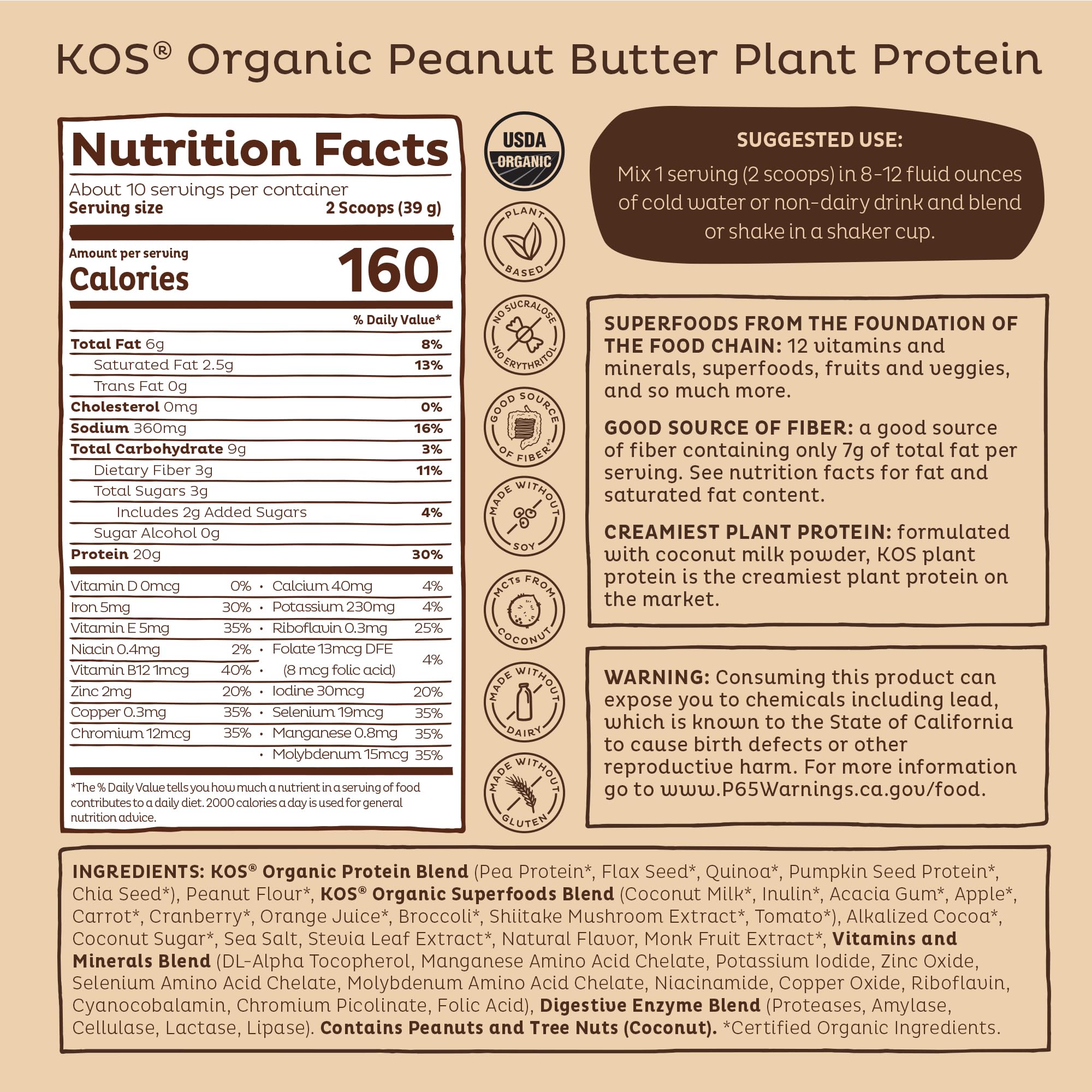 KOS proteina vegana chocolate y maní como reemplazo de comida.