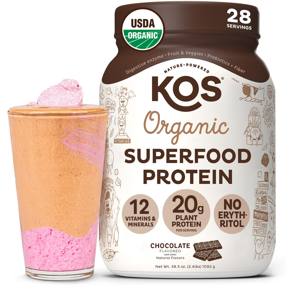 KOS Proteína vegana en polvo chocolate para batidos cremosos.