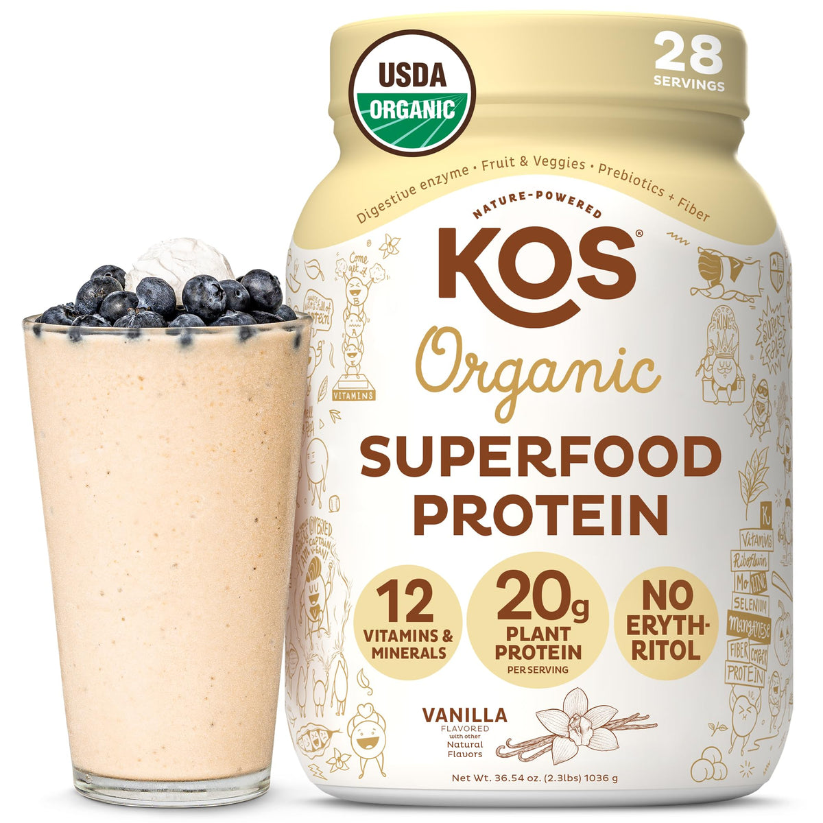 Kos Proteína vegana con vainilla en envase de 28 porciones para batidos