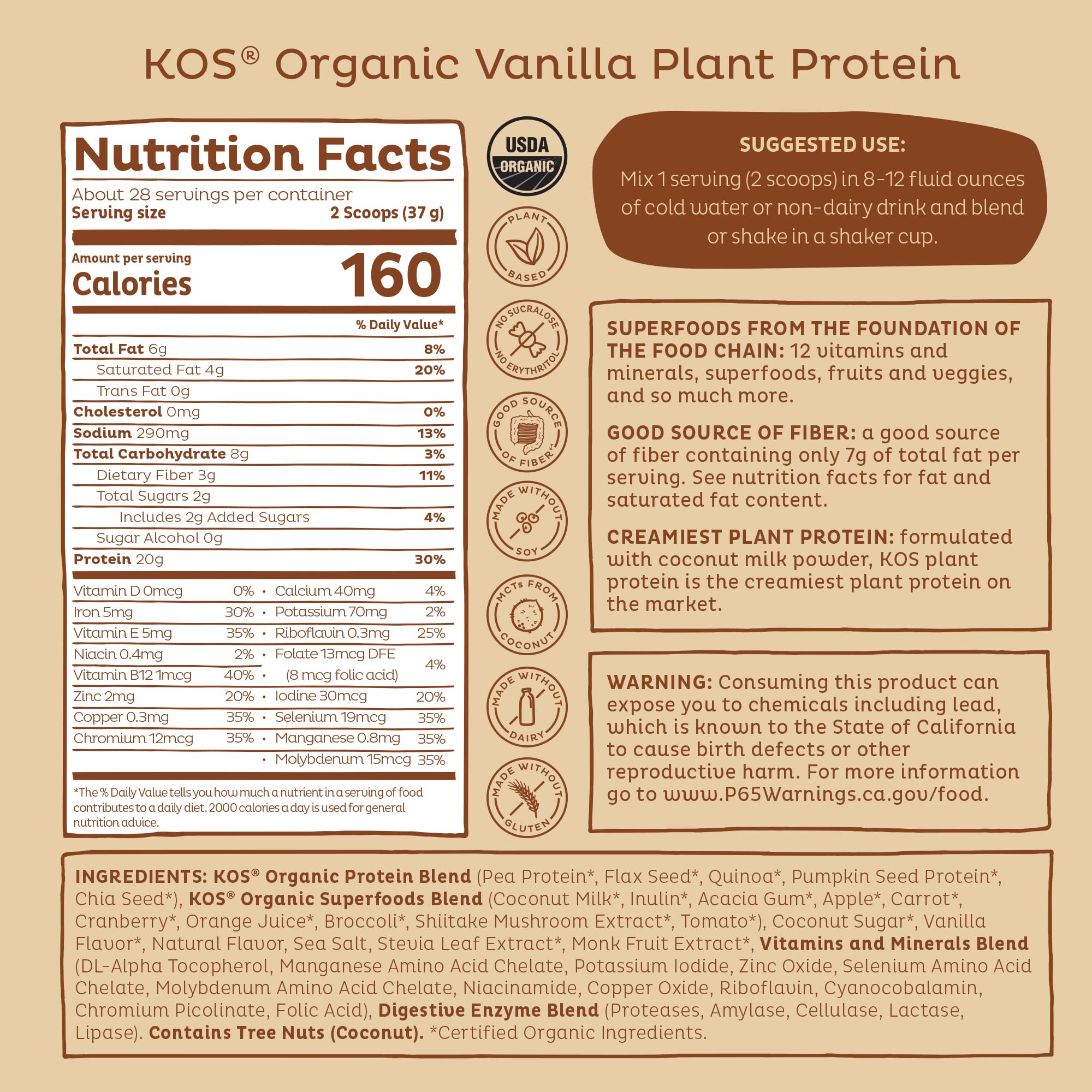 Kos Proteína vegana vainilla, medidor incluido para porciones