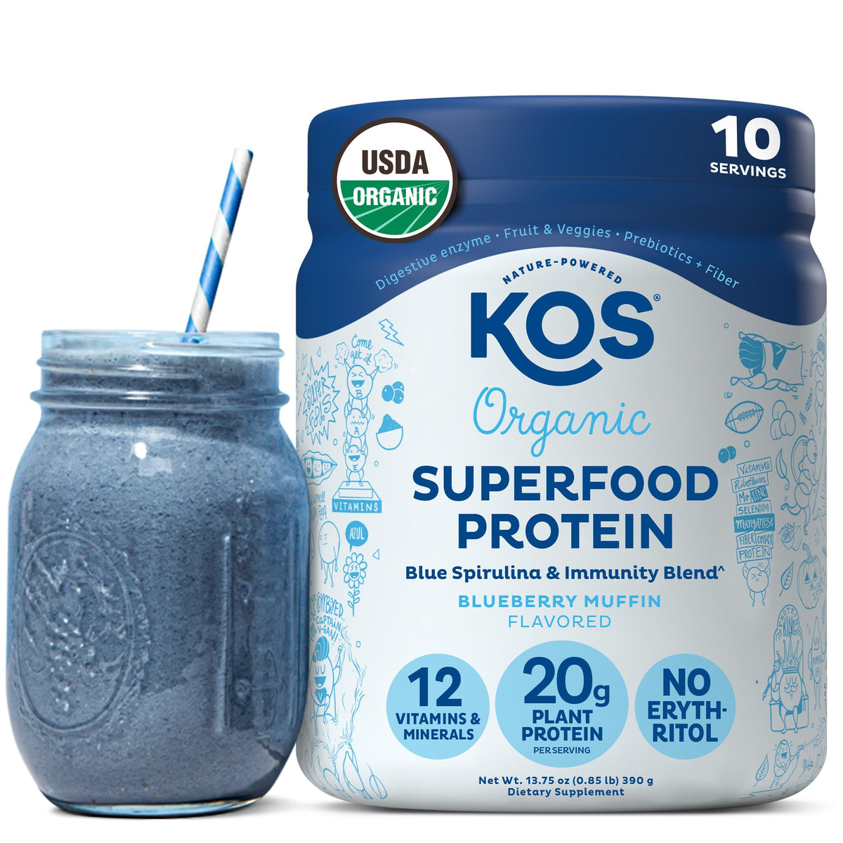 Proteína vegetal KOS sabor muffin de arándano para desayunos sabrosos y saciantes.