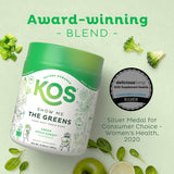 KOS Super Greens envase frasco facilita almacenamiento y control de porciones