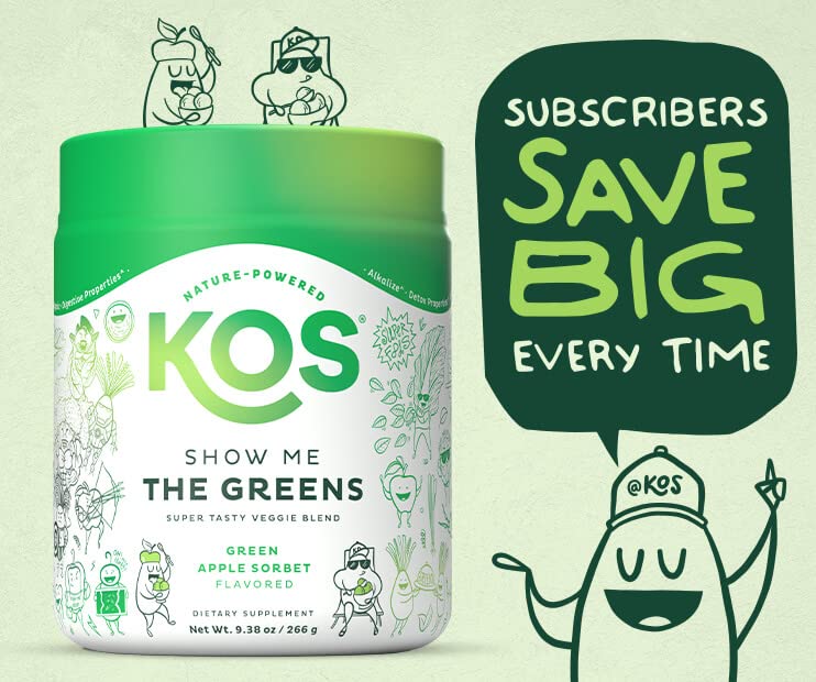 KOS Super Greens contiene hierba de trigo, espirulina y clorela para nutrición vegetal