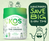 KOS Super Greens contiene hierba de trigo, espirulina y clorela para nutrición vegetal