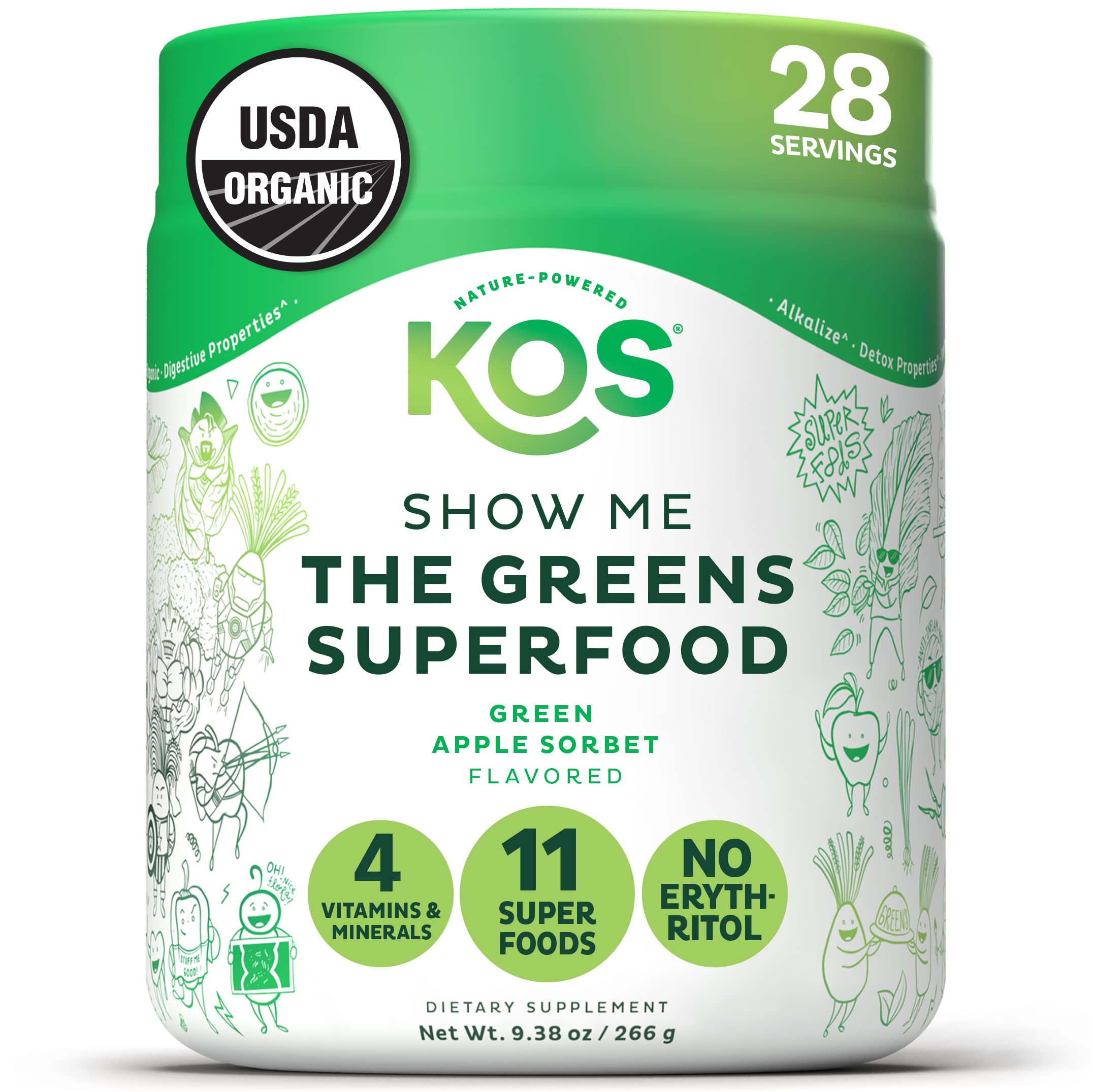 KOS Super Greens polvo verde manzana, ideal para comenzar el día con energía