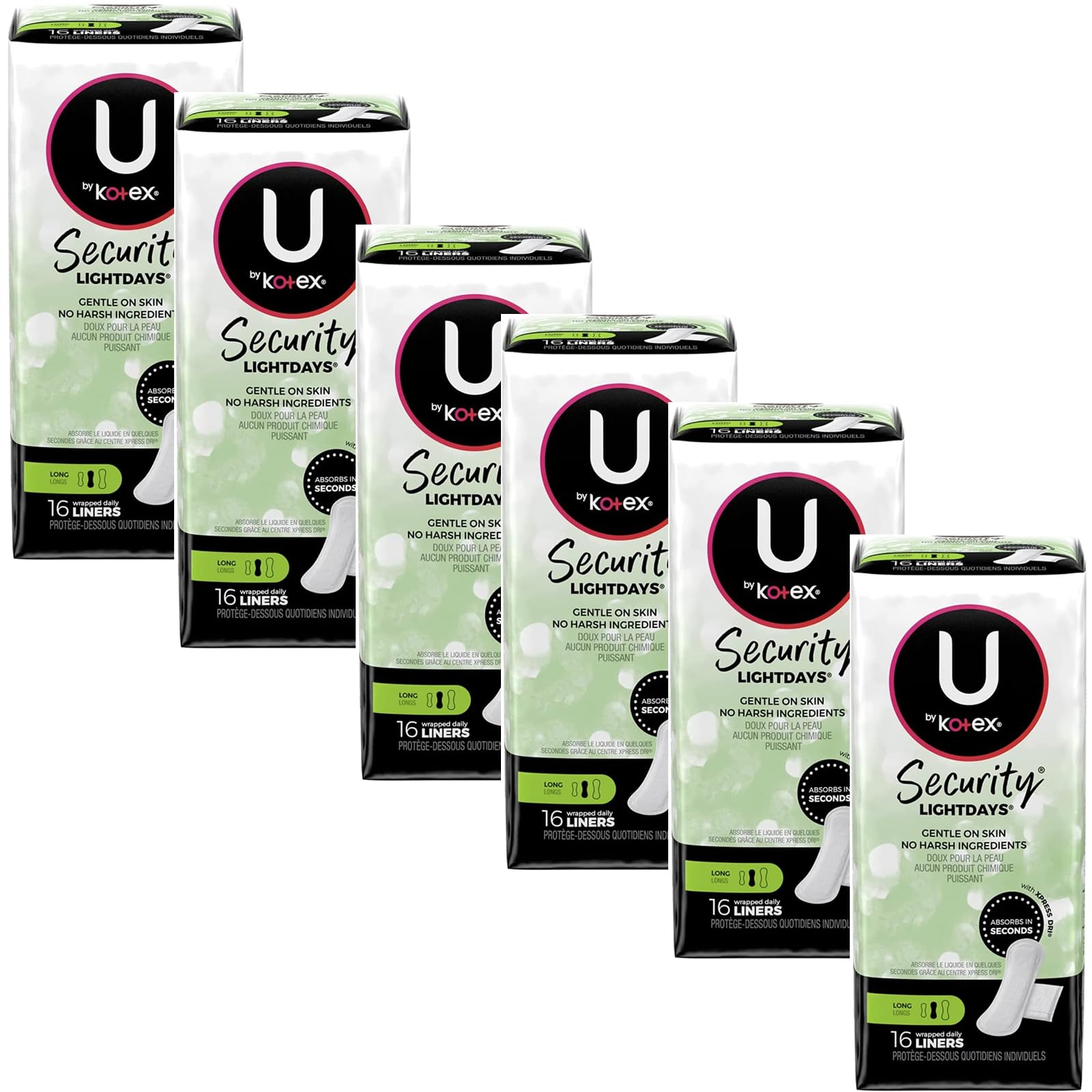 Kotex Natural Balance absorbentes largos, empaque de seis, protección diaria discreta.